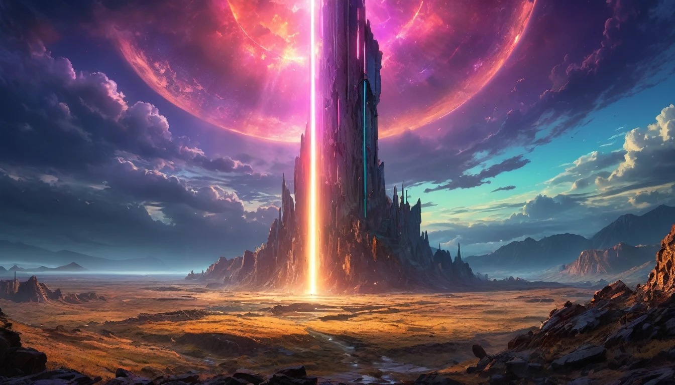(anime, fantasy, titanium beacon), (best quality, highres, HDR:1.2), vibrant colors, mysterious atmosphere, huge titanium beacon on the horizon, sci-fi beacon, weathered, crumbling down, general shot, ethereal light, fantastical landscapes