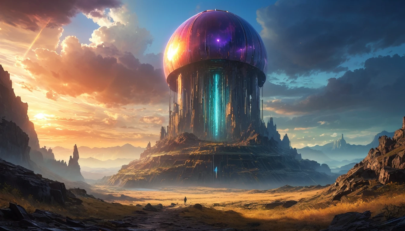 (anime, fantasy, titanium beacon), (best quality, highres, HDR:1.2), vibrant colors, mysterious atmosphere, huge titanium beacon on the horizon, sci-fi beacon, weathered, crumbling down, general shot, ethereal light, fantastical landscapes