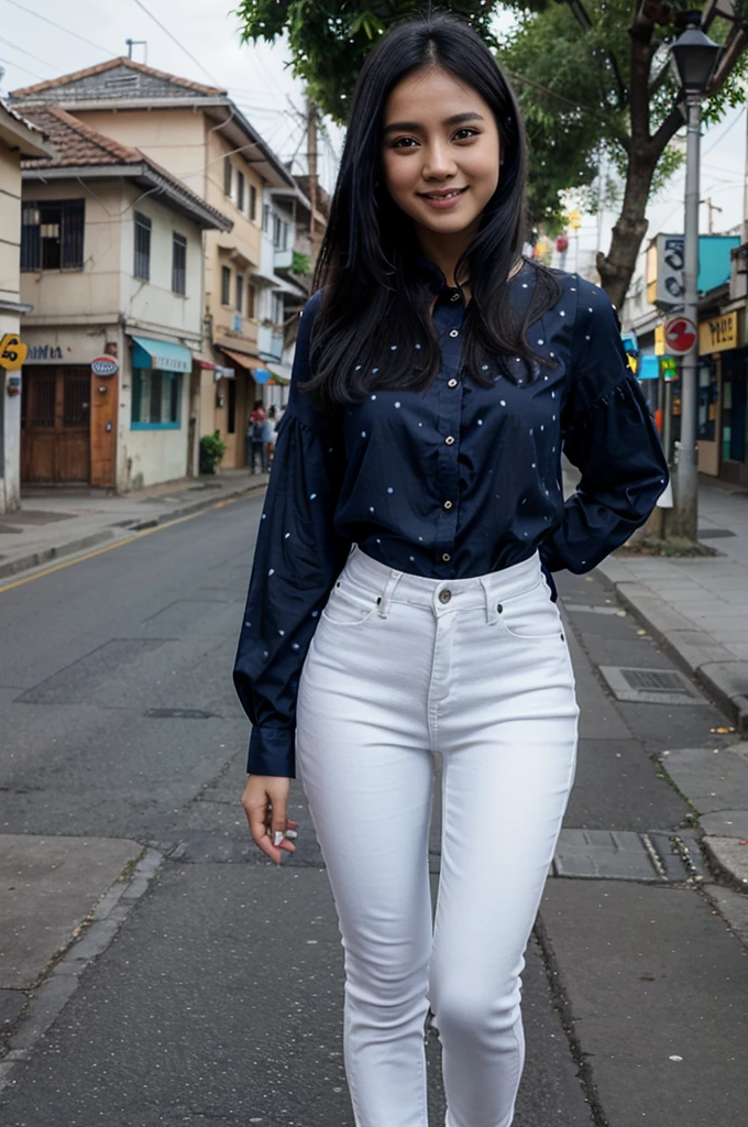 25 years old, blue blouse with white dots, black skinny jeans, black hair, indonesian girl, smile, with heel, street, realistic, hdr, 8k