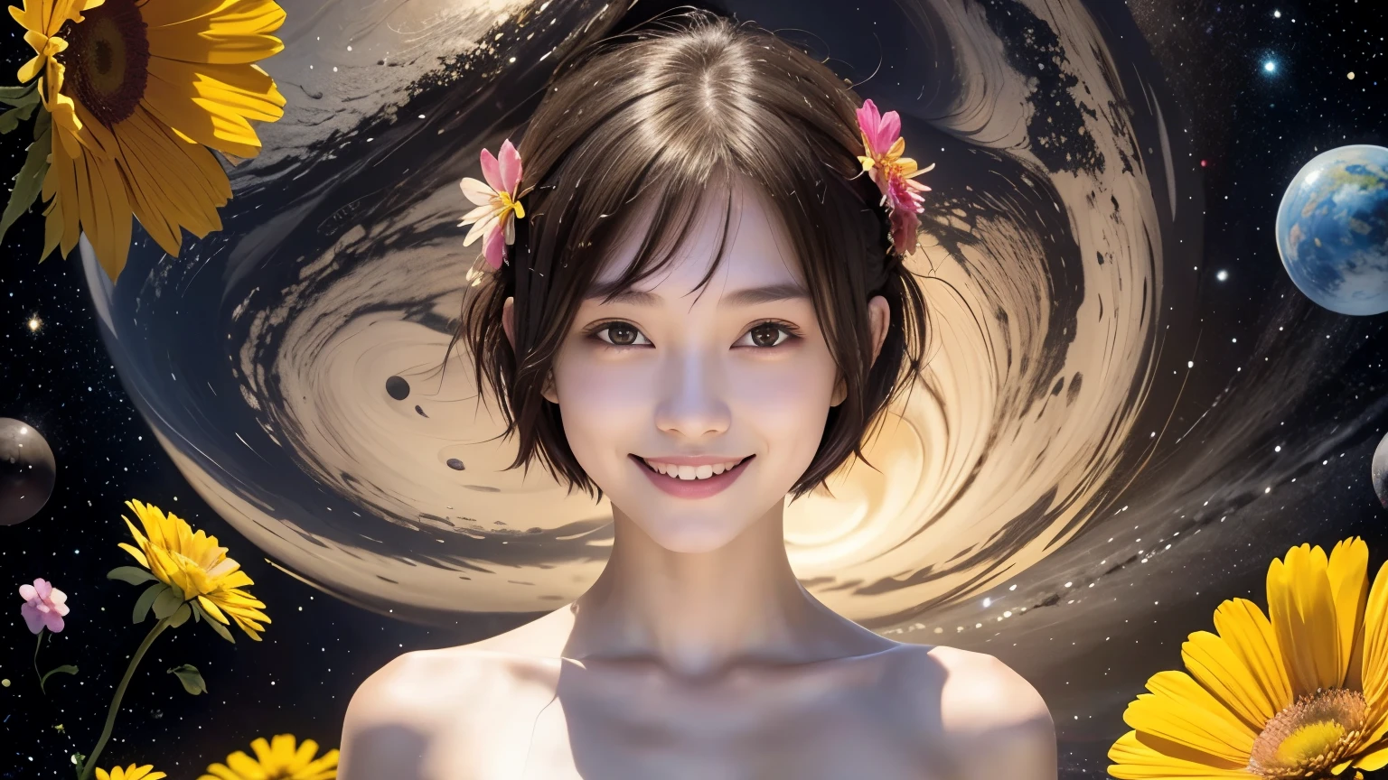 258 19-year-old female, (short hair),(Abstract background,universe), smile, flower