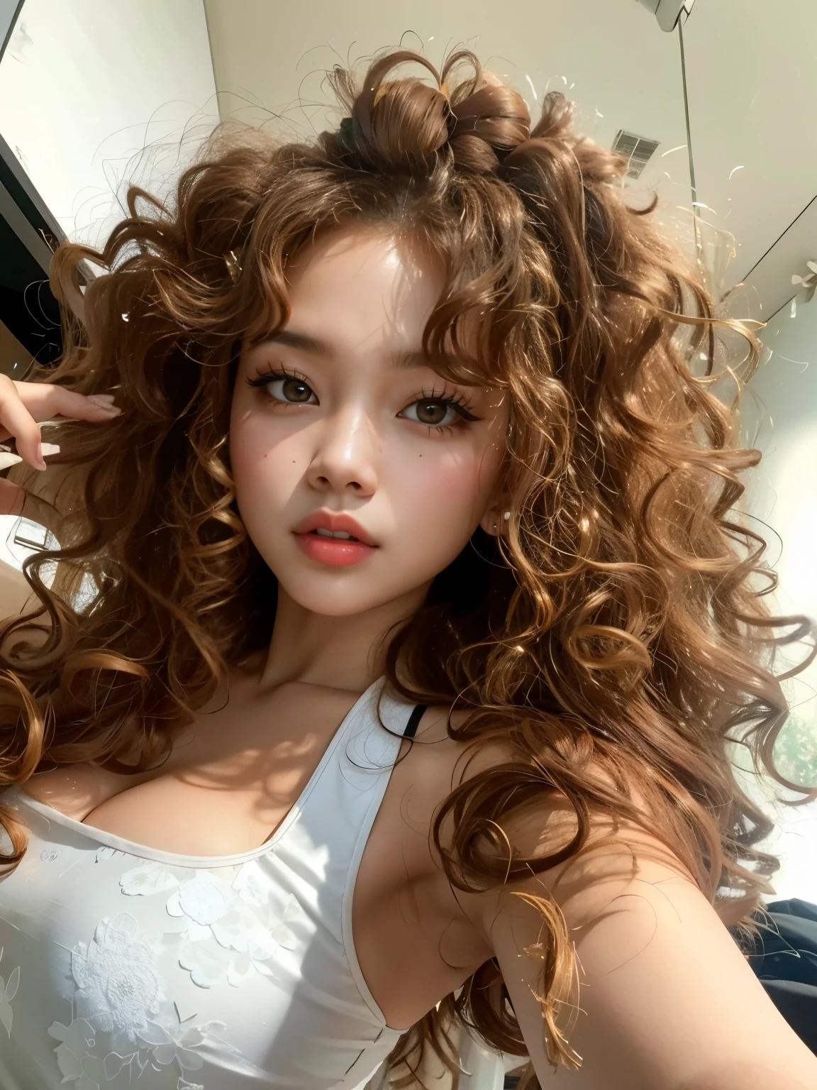 (8k, RAW photo, best quality, masterpiece), (realistic, photo-realistic), (best quality, masterpiece, intricate details:1.1), photorealistic, woman, SIGMA 50mm F1.4, (best quality, 4k, highres, masterpiece:1.2), ultra-detailed, Striped Jennie in beige dress, curly hair, Jennie, white_girl, sexy face, Good, cute face, 23 years old, black pink Jennie, big lips, Bambi style eyes, doll figure