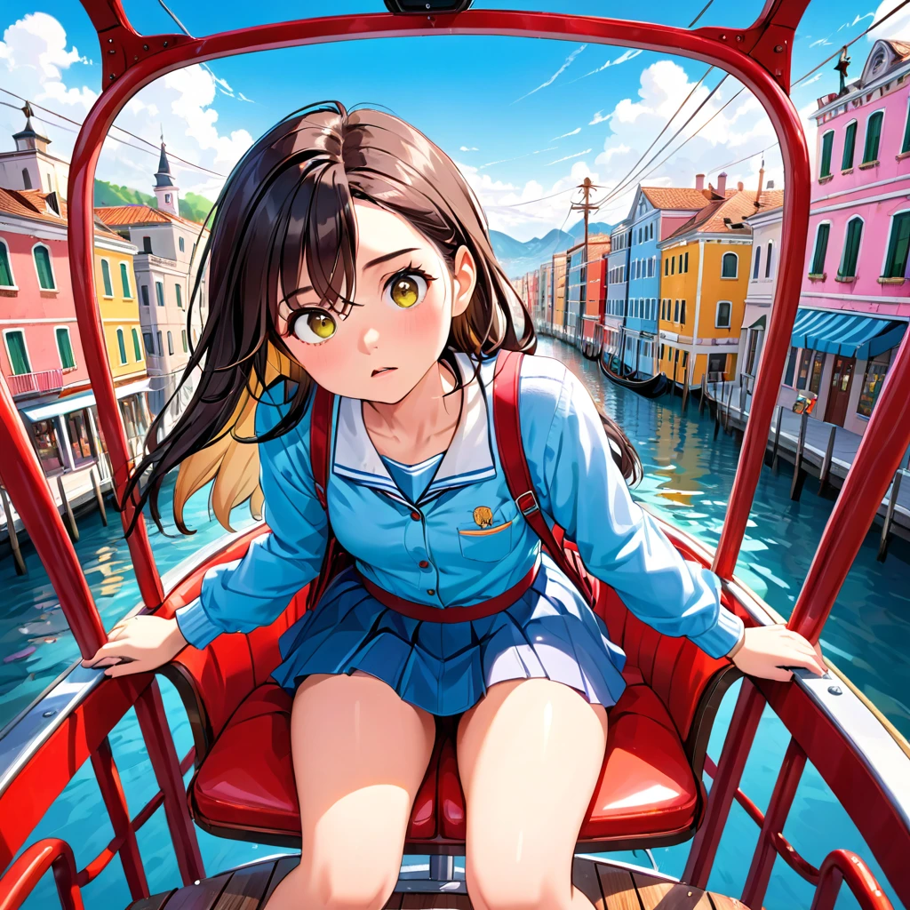 (Highest quality, Super detailed, Realistic: 1.37), Humorous, Cartoon style, Thick lines, Bright colors, Slightly bird's-eye view, A passenger's perspective on a gondola, Romantic comedy, A high school girl on a Ferris wheel sits on a chair inside the gondola, (leaning forward:1.4) and shyly holding down her miniskirt in a hurry (holding down: 1.4), (Front view of her figure: 1.5)