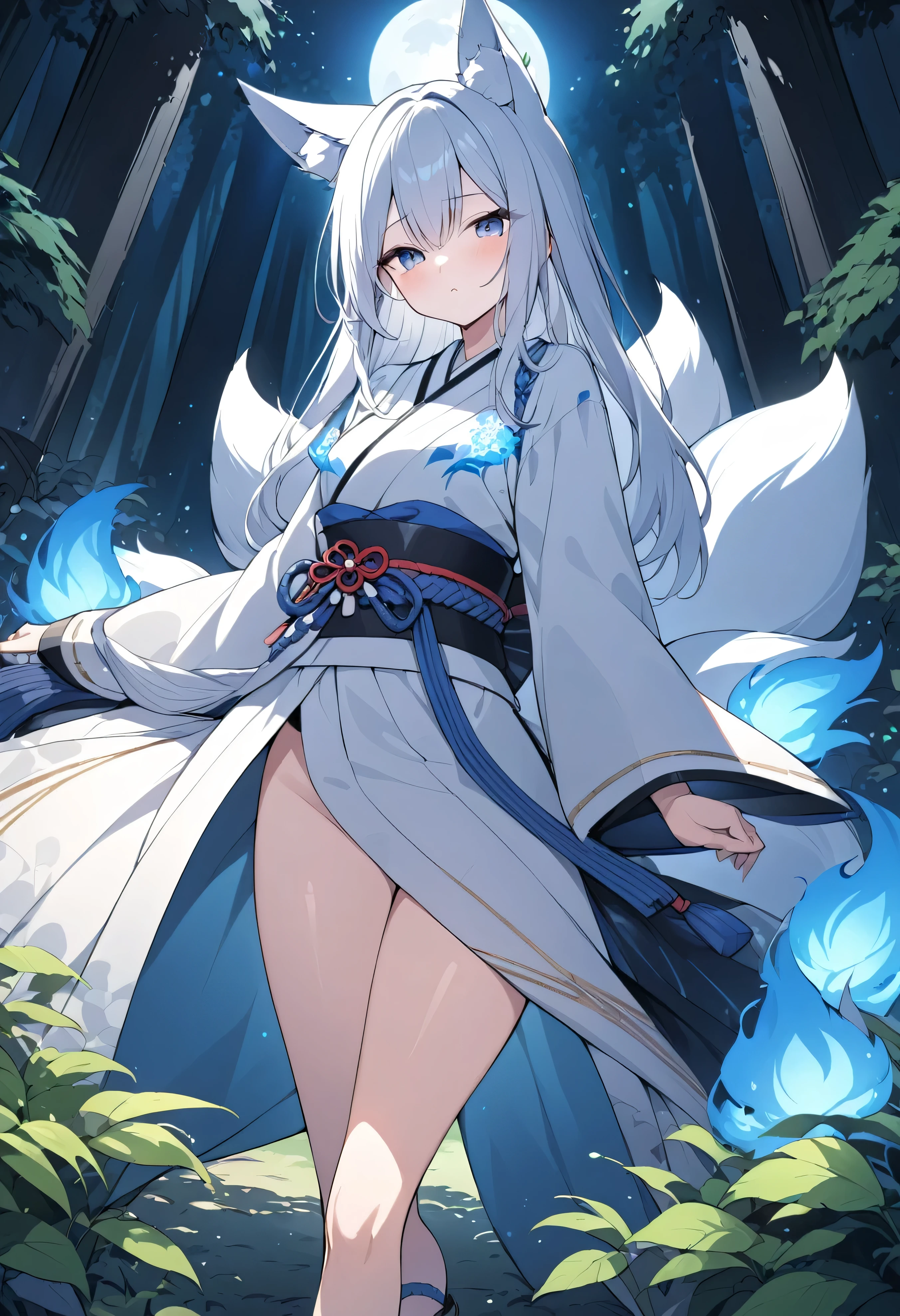 Masterpiece, Extremely detailed, beautiful, perfect face e, close distance shot, (A beautiful kitsune woman peering through the leaves in a dense forest) , {she is surrounded by motes of blue fire}, facing viewer, (dynamic pose) , fox ears, nine fox tails, traditional Japanese clothing. Japanese sandels, ((vegetation in the forground, dew, subject partially obscured by vegetation)) , ((moonlit night)) 
