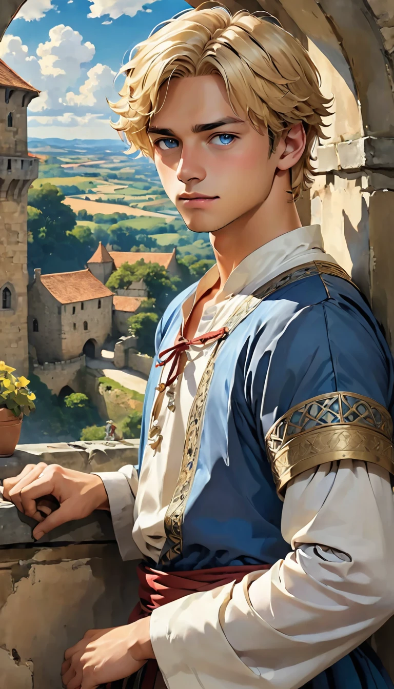 high resolution, (work of art:1.4), ((two characters )) Hyper-detail, 1 young, short blonde hair, medieval costume, Sentado em uma Room de castelo. Young man looking out the window.

 Um outro naughty man de meia idade  entra no Room seus cabelos são longos e loiros usando uma túnica branca e azul

Dois personagens, naughty man, Child boy, medieval scenery, . boy na janela, naughty man parado na porta, Room, two characters,naughty man e garoto 