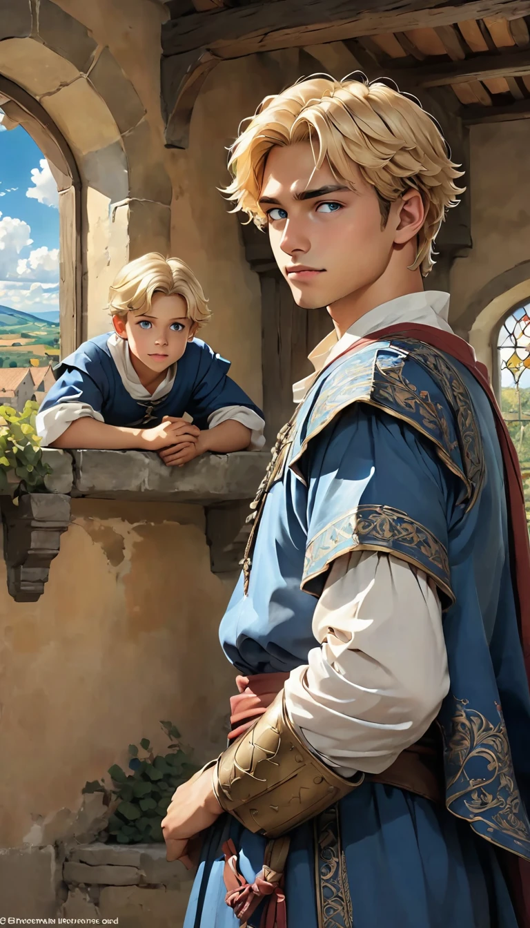 high resolution, (work of art:1.4), ((two characters )) Hyper-detail, 1 young, short blonde hair, medieval costume, Sentado em uma Room de castelo. Young man looking out the window.
Um outro naughty man de meia idade entra no Room seus cabelos são longos e loiros usando uma túnica branca e azul
Dois personagens, naughty man, Child boy, medieval scenery, . boy na janela, naughty man parado na porta, Room, two characters,naughty man e garoto