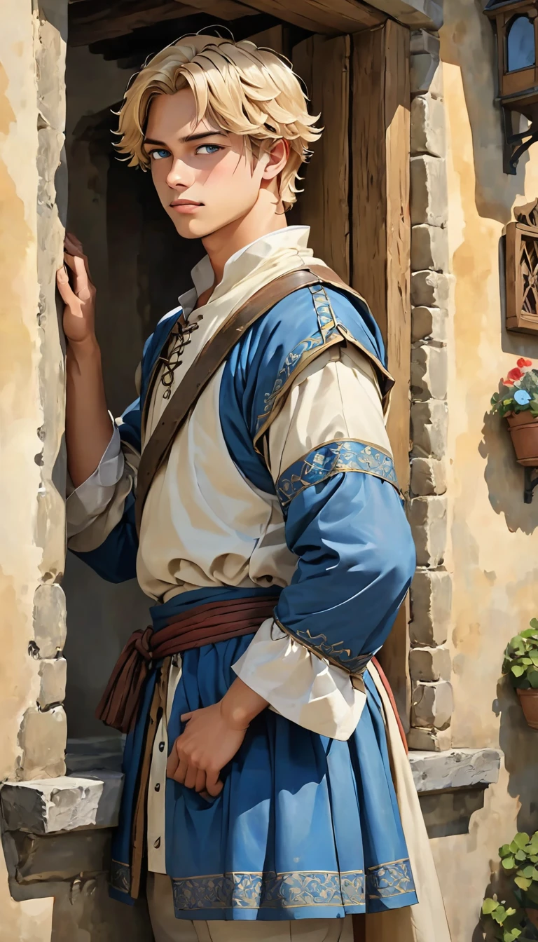 high resolution, (work of art:1.4), ((two characters )) Hyper-detail, 1 young, short blonde hair, medieval costume, Sentado em uma Room de castelo. Young man looking out the window.
Um outro naughty man de meia idade entra no Room seus cabelos são longos e loiros usando uma túnica branca e azul
Dois personagens, naughty man, Child boy, medieval scenery, . boy na janela, naughty man parado na porta, Room, two characters,naughty man e garoto
