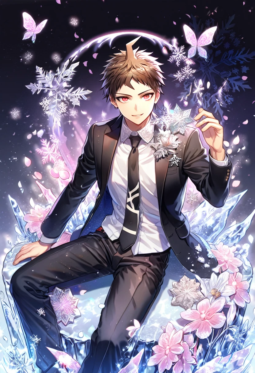 Ultra detailed, HDR, Highres, absurdres, master piece, Hinata Hajime, brown hair, expressive red eyes, black jacket, white shirt, black necktie, Danganronpa, handsome, ice glittering butterflies, ice, petals, ice pink glass flowers, glittering, fantasy, magical, snowflakes, cold, solo, sexy man sitting, handsome smile, black pants