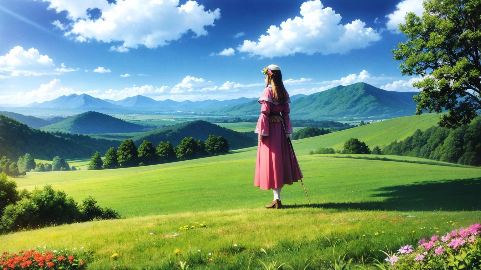 a woman stood on the grass, woman from a distance, landscape, bright blue sky and valley mountain with flower colorful color blue red green purple yellow and ancient fantasy world medieval