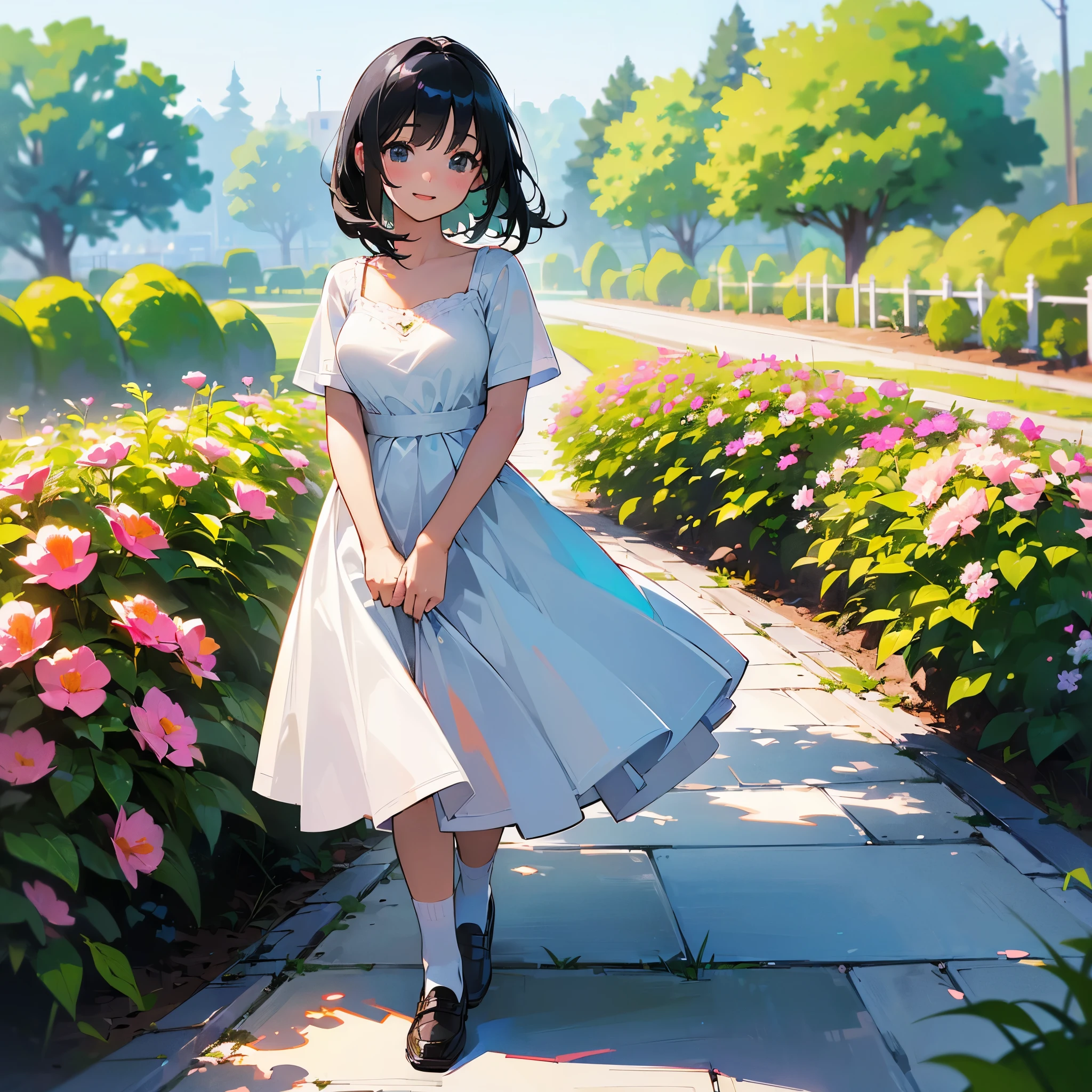 (high quality, High resolution, Very detailed, reality:1.37), Peaceful atmosphere, (Outdoor, garden), Teenage girl standing alone, (my breasts are big.), Beautiful details, Cute Smile, (Black bob hair), White camisole dress, White socks, loafers.