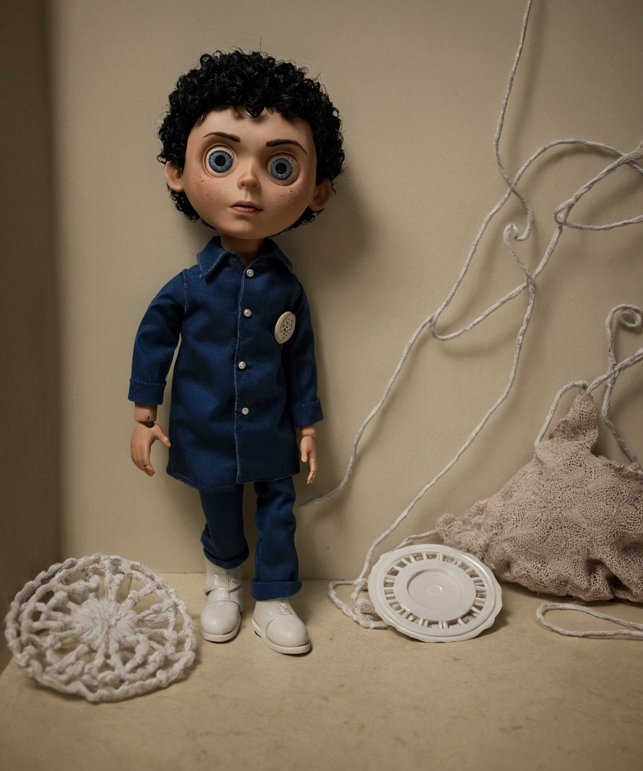 Man doll based on the Coraline movie. He&#39;s in a horror movie, there are several dead dolls on the floor. He has curly hair, short black curly. Your eyes are black. Caucasian skin 