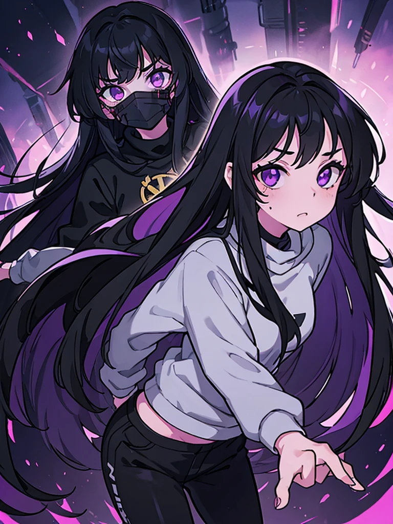 A 14 year old girl, Named: Robin, with long black hair, purple eyes, and white skin tone, has an emo personality, likes dark things and horror things, Wearing a black sweatshirt, and black pants, Bloodied, Dead.