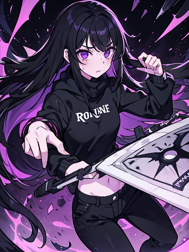 A 14 year old girl, Named: Robin, with long black hair, purple eyes, and white skin tone, has an emo personality, likes dark things and horror things, Wearing a black sweatshirt, and black pants, Bloodied, Dead.