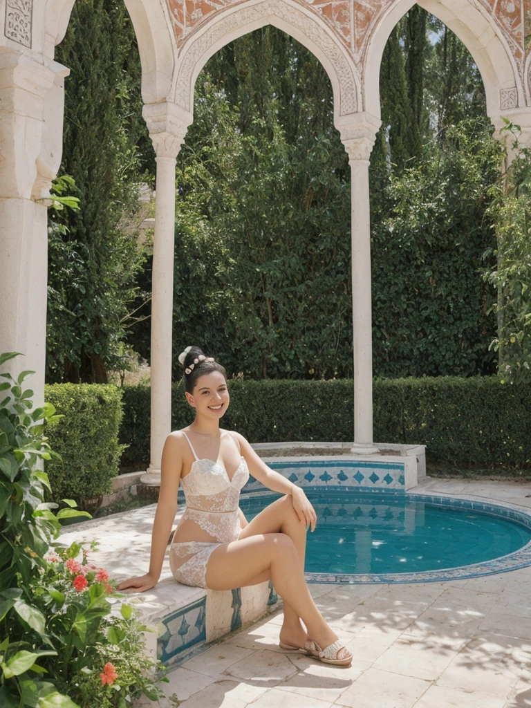 her name is Amelie, high quality, 1girl, ((25-year-old fit Caucasian woman)), ((25 years old)), ((BODY TYPE: HOURGLASS)), ((Space Buns HAIR)), SMILING, pose: SEXY POSE, wearing SEXY LINGERIE VARIETY colored, BACKGROUND:"A traditional Tunisian house with ornate tile work, a central courtyard with a fountain, and elegantly furnished rooms."