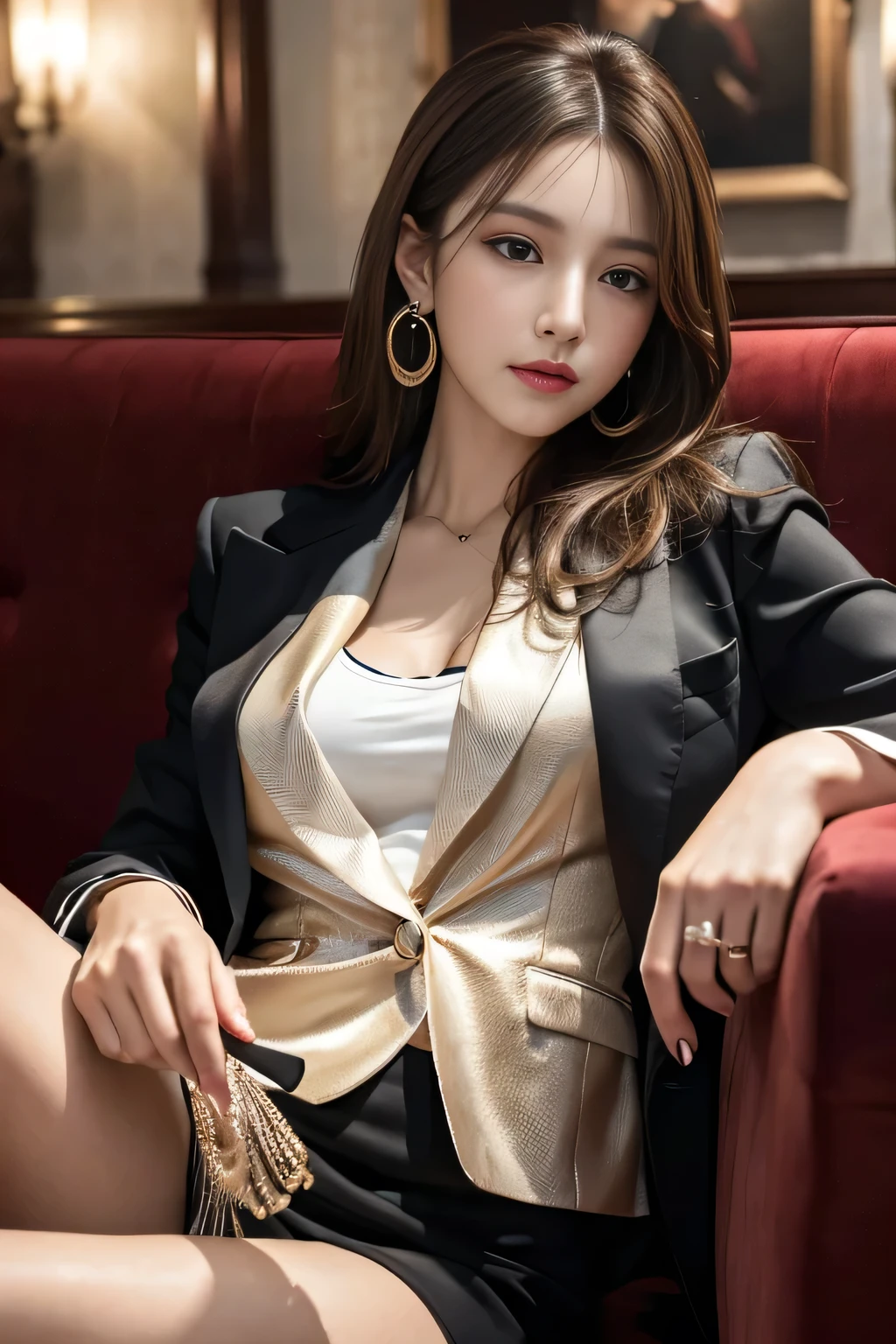 masterpiece, Highest quality, Realistic, Very detailed, Finer details, High resolution, 8k wallpaper, One beautiful woman, Wear a nice suit, In a great restaurant, At night, Light brown messy hair, Perfect dynamic composition, Beautiful and beautiful eyes、Big earrings、Sit on the sofa、