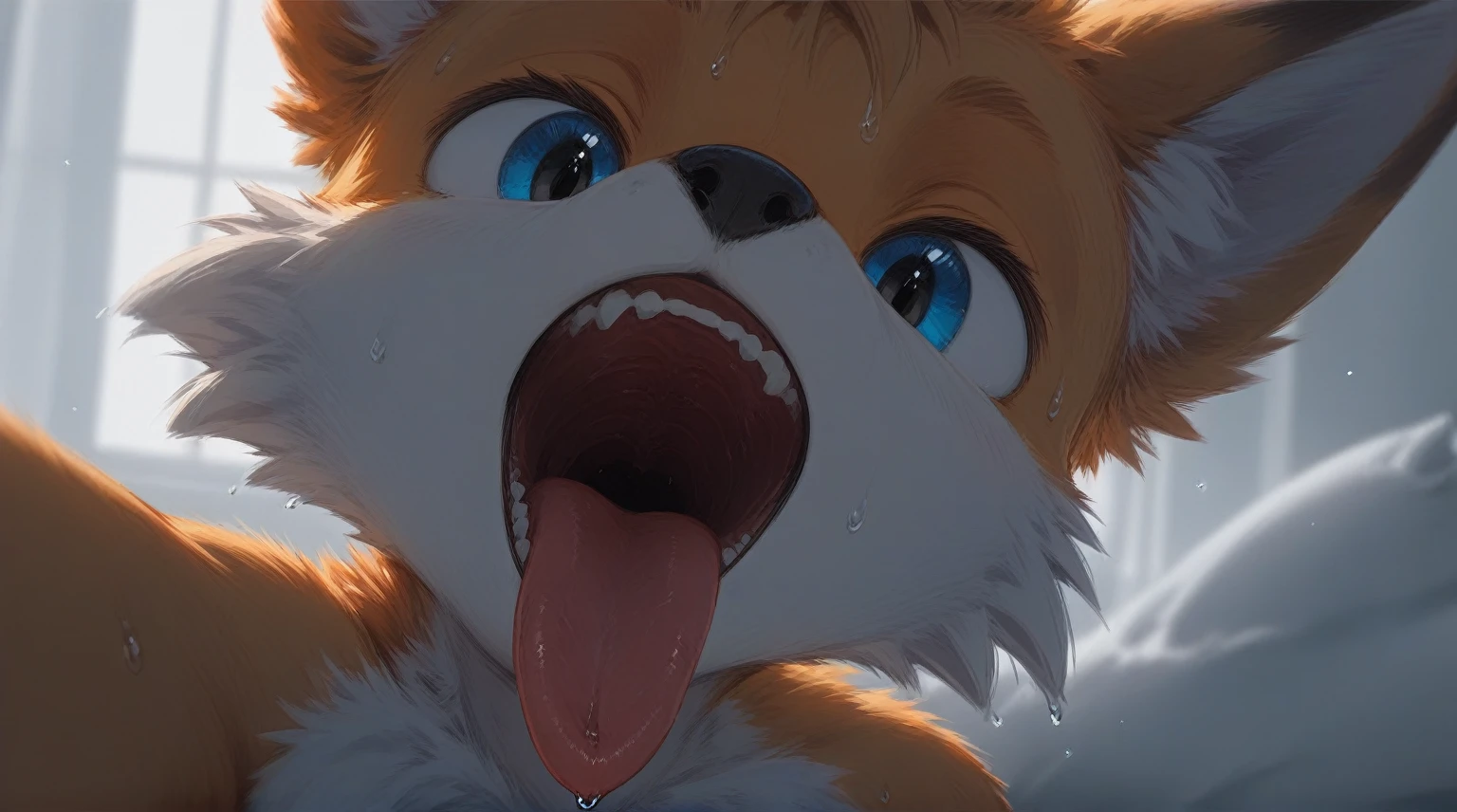 Solo, score_9,score_8_up score_7_up, source_furry, anthro, Tails Miles Prower, yellow fox, male, naked, sitting, on a bed, close up, open mouth, tongue out, wet tongue, uvula, macro shot, looking up at viewer, looking upwards at viewer, horny eyes, 