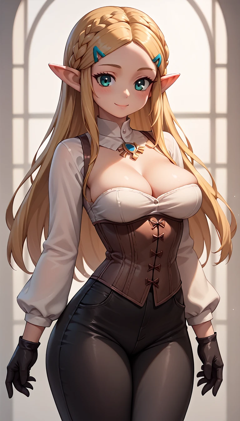 High resolution, Very detailed, perfect lighting, beautiful detailed eyes, ((masterpiece,Best Quality)), absurdities, alone, princess zelda, by the width, crown braid, Hair clip, pointy ears, corset azul, long sleeves, Gloves without fingers, black gloves, Black pants, tight pants, smile, curves, nod, , deep neckline, deep neckline, bare breasts, bare breasts, NSFW, corset azul