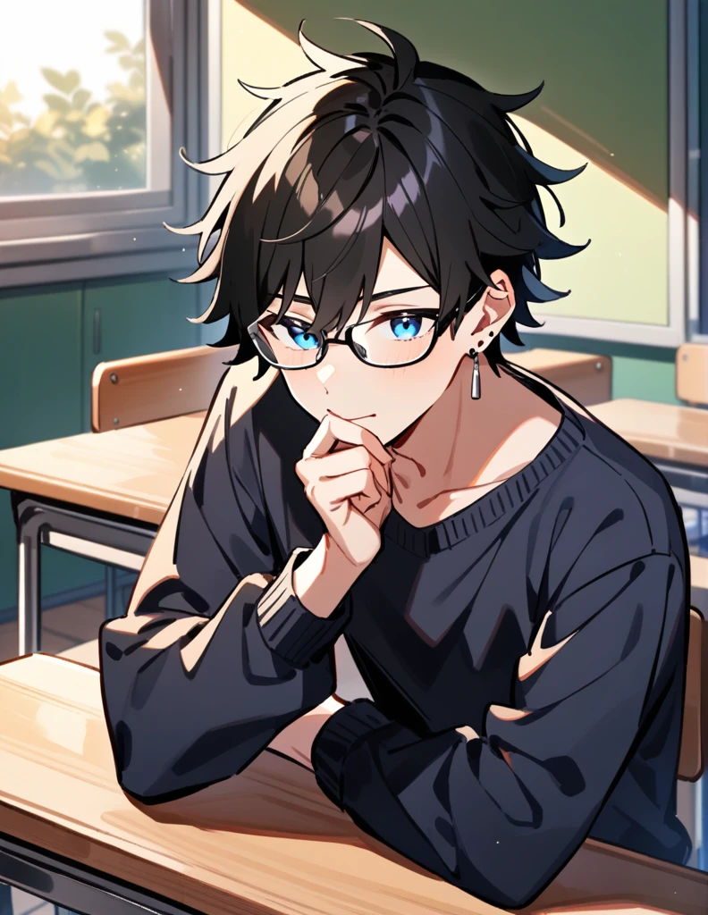 16 year old teenage boy, very long black hair, wearing a dark blue sweatshirt, wearing prescription glasses with beautiful blue eyes, with silver earrings, sitting at a table in the classroom, with his hand under his chin