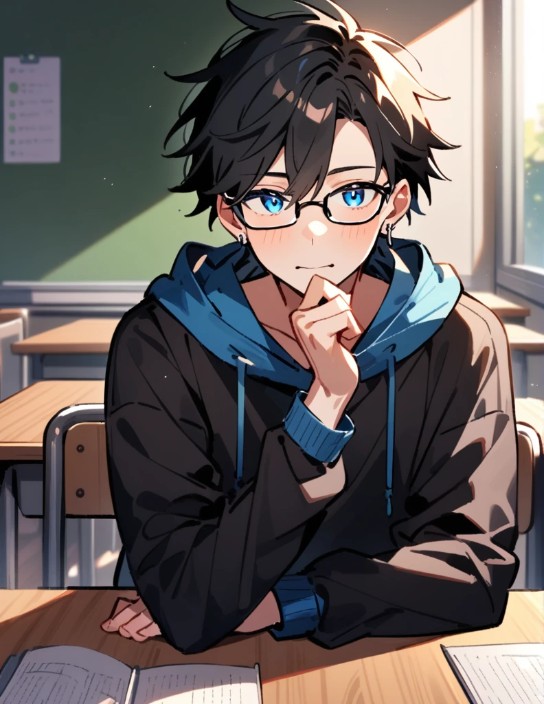 16 year old teenage boy, very long black hair, wearing a dark blue sweatshirt, wearing prescription glasses with beautiful blue eyes, with silver earrings, sitting at a table in the classroom, with his hand under his chin