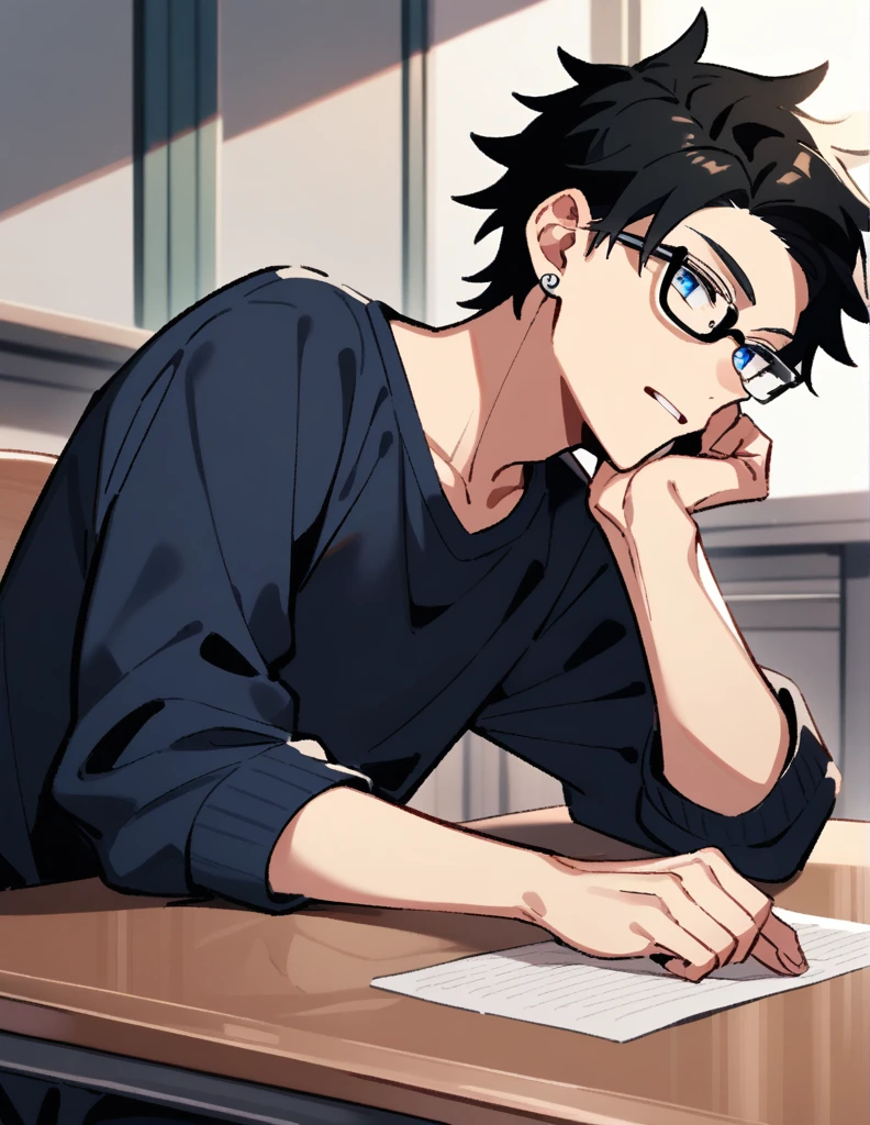 16 year old teenage boy, very long black hair, wearing a dark blue sweatshirt, wearing prescription glasses with beautiful blue eyes, with silver earrings, sitting at a table in the classroom, with his hand under his chin