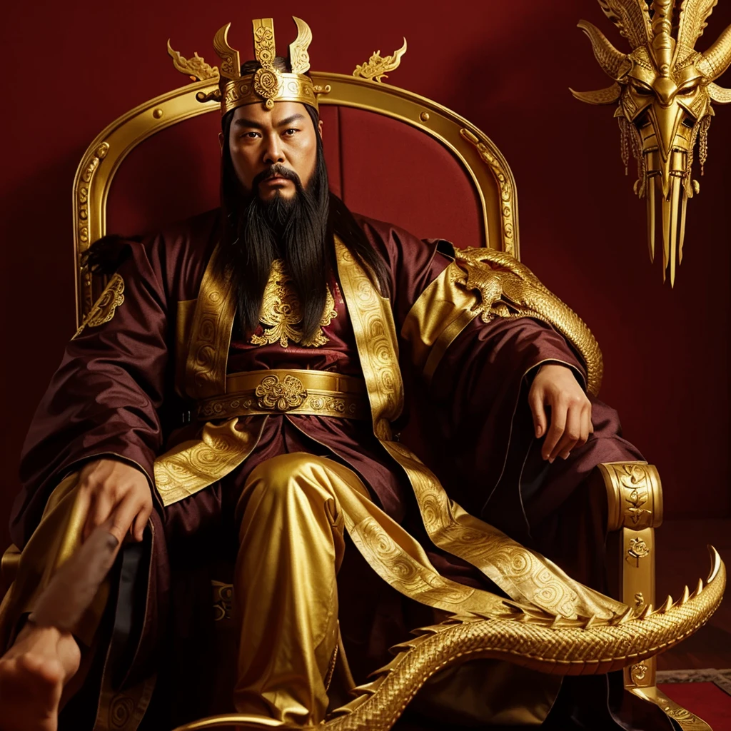 full body, long shot,  an ancient chinese emperor sit on dragons throne, long beard, luxurious headdress, portrait, empty background, long shot, yellow gold emperor robe with dragons pattern, taoist priest, Chinese mythology 