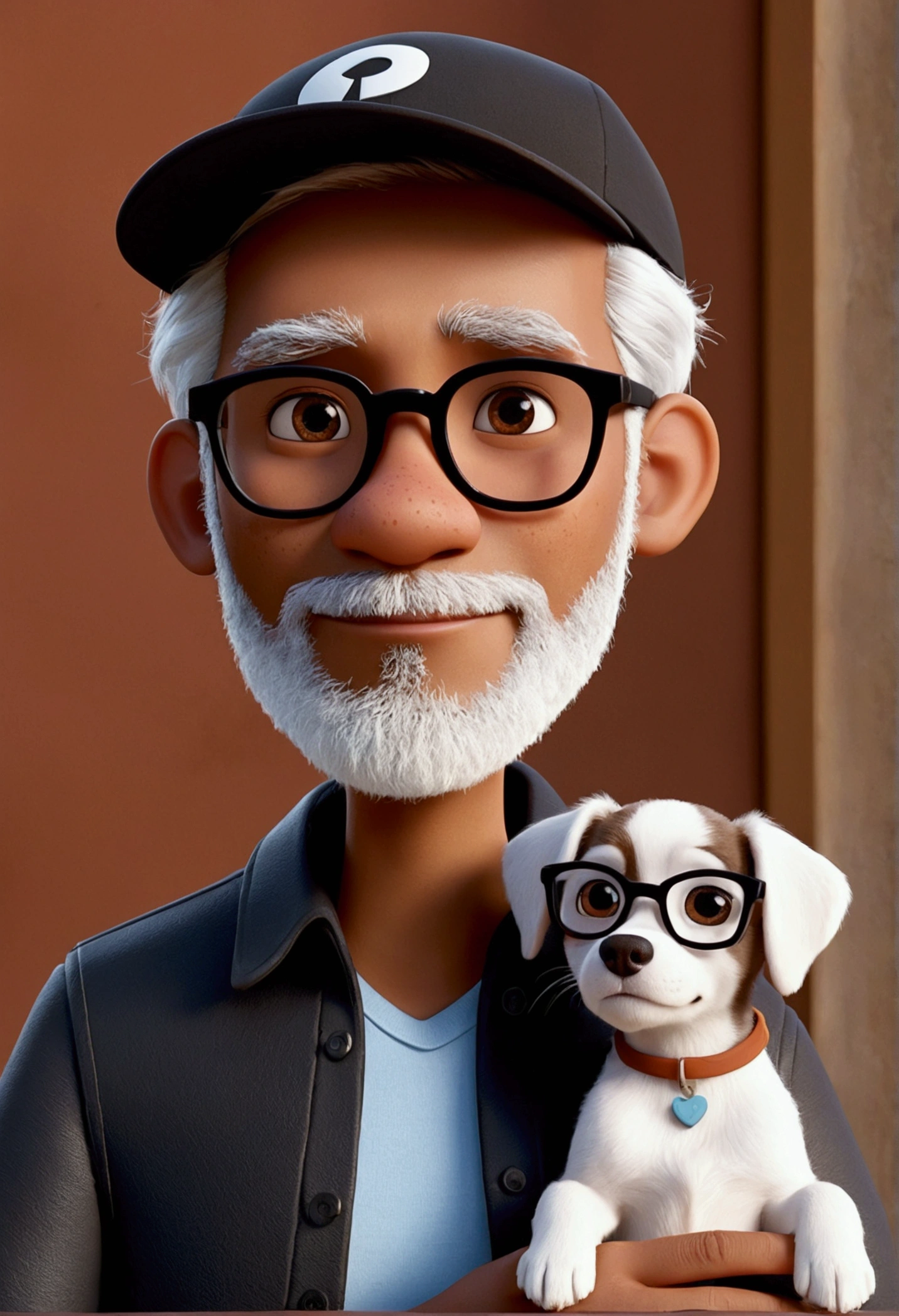 pixar. Couple with a puppy turns brown can. She is black and has white hair tied around glasses., He is black, wears a cap with a low beard, 30years! 