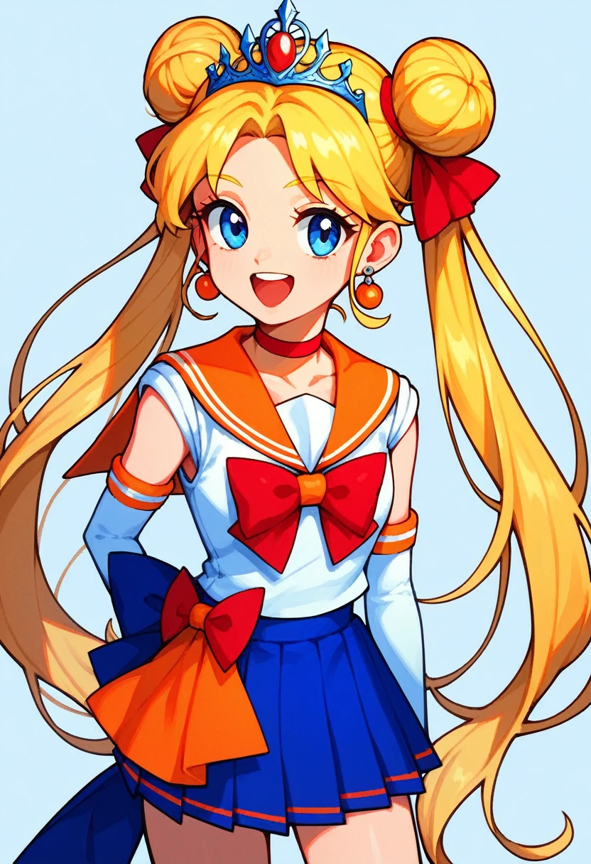 score_9, score_8_up, score_7_up,score_6_up, score_5_up, score_4_up , 1girl, solo, aausagi, long hair, double bun, twintails, parted bangs, tiara, earrings, blue eyes, red choker, blue sailor collar, red bow, white shirt, elbow gloves, white gloves, blue skirt, aavenus, long hair, blonde hair, hair bow, tiara, earrings, blue eyes, orange choker, orange sailor collar, blue bow, white shirt, elbow gloves, white gloves, pleated skirt, orange skirt, bare legs, happy, cowboy shot, simple background