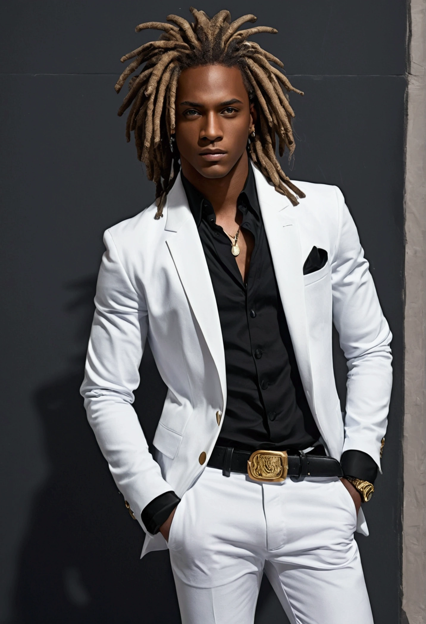 Dark-skinned young man, blue eyes and black jacket, Dreadlocks azul claro, estilo de cabelo dreadlock, not anime style, colourful drawing, unrealistic character concept, Portrait of my character concept, detailed portrait of the character, anime style character, anime style portrait, a character portrait, cel - shaded art style, His outfit consists of a black, unbuttoned blazer with gold buttons on the front of the blazer and at the bottom of the sleeves and he wears a white V-neck shirt, White pants, a large black belt with a gold buckle, a smaller black belt hanging from the side of the hip, and is wearing beige shoes with black buckles, inspirado por King of Fighters