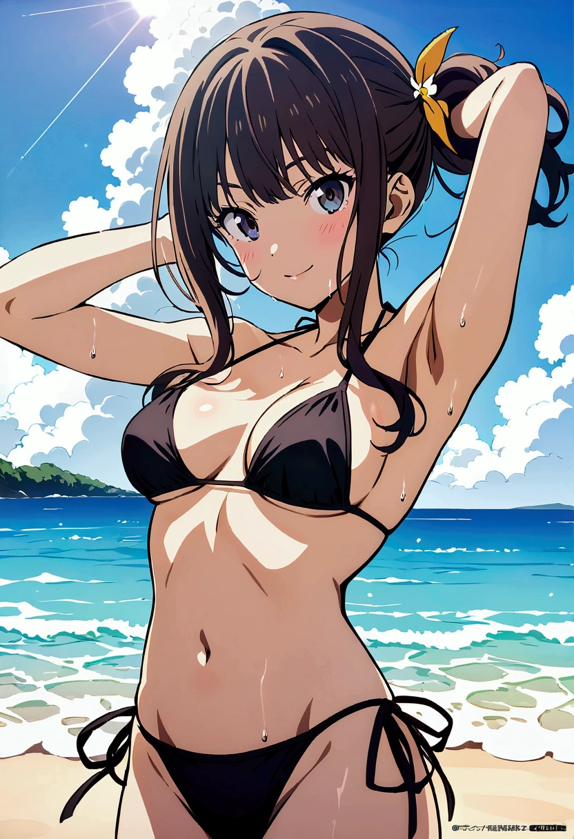 score_9, score_8_up, score_7_up,BREAK,source_anime,best quality,masterpiece,aesthetic,very aesthetic,(official art, official_style),megami_magazine , 1girl, inoue takina, lycoris recoil,black bikini,navel,side-tie_bikini,medium breast, 
(Shiny bare skin), 

cool,light smile,
standing pose,face focus,upperbody

(beach,sunshine),cinematic lighting
