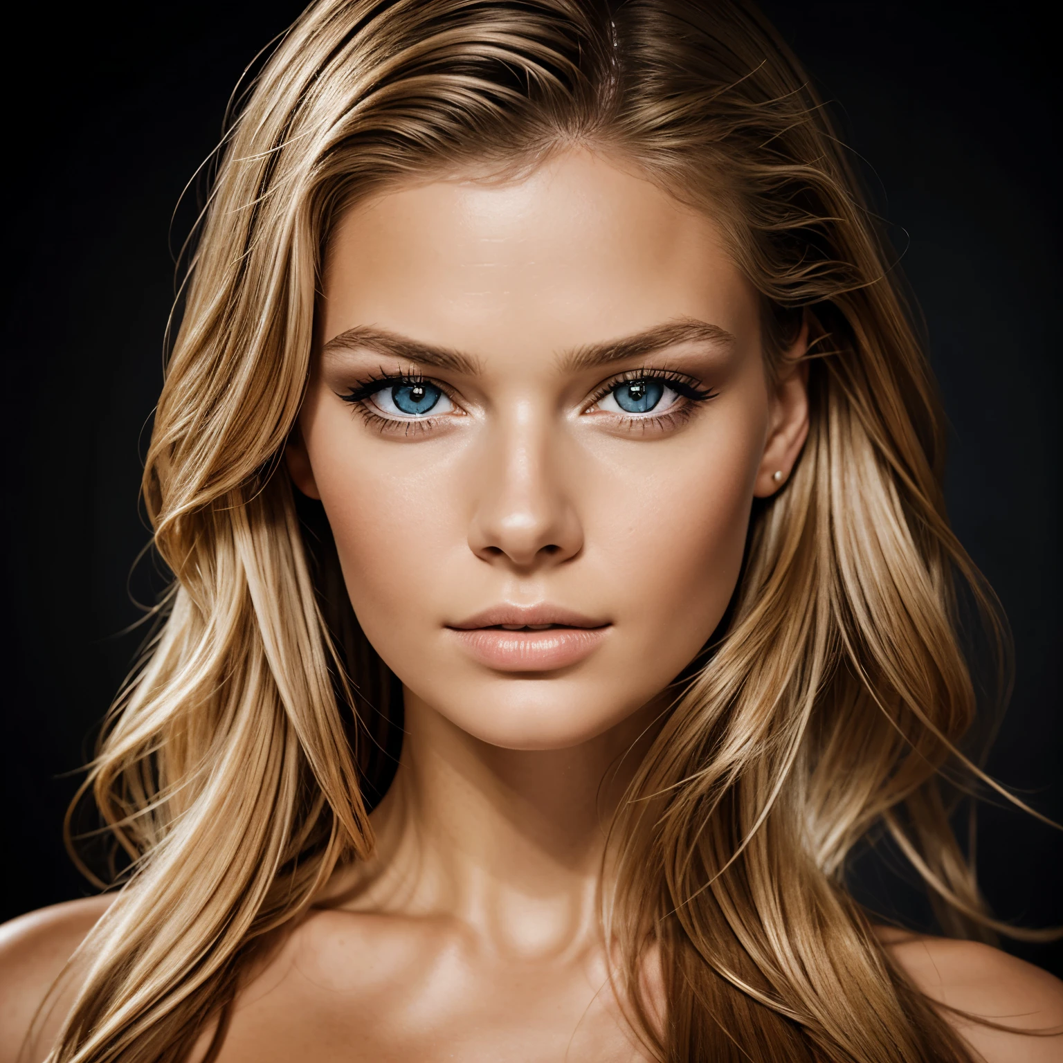 Professional portrait, ultra-detailed, ultra-realistic, of Valerie Van der Graaf, professional makeup, sharp edges, looking at the camera from the front, staring at the camera, studio light,