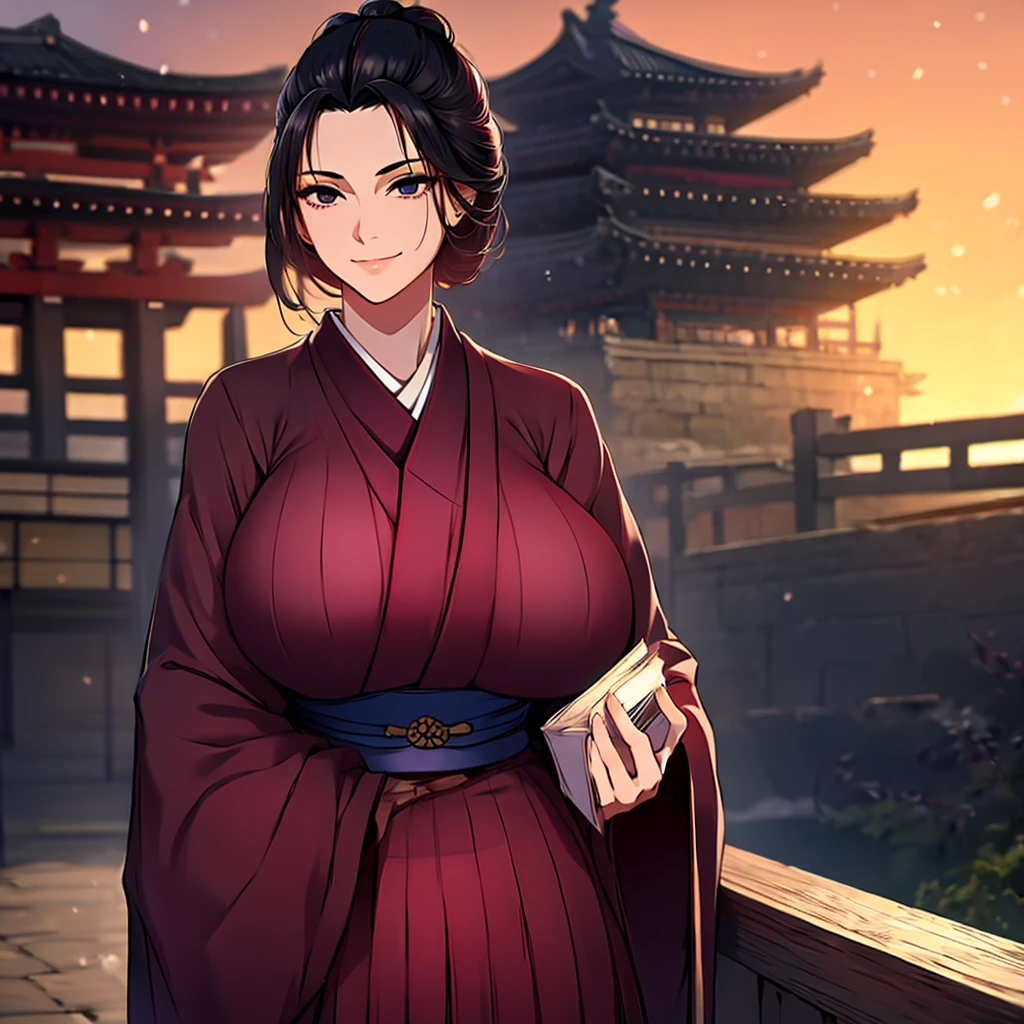 A woman wearing a black kimono with burgundy details, straight black hair, tied up hair, perfect face, perfect eyes, perfect hair, smiling, big breasts, black eyes, outside a Japanese castle, large Japanese castle, Japanese aesthetics, posture standing, daytime place.UHD , prime work , accurate , anatomically correct , textured skin , super details , high quality , best quality, 8k, high resolution, bokeh effect. (woman solo), close view
