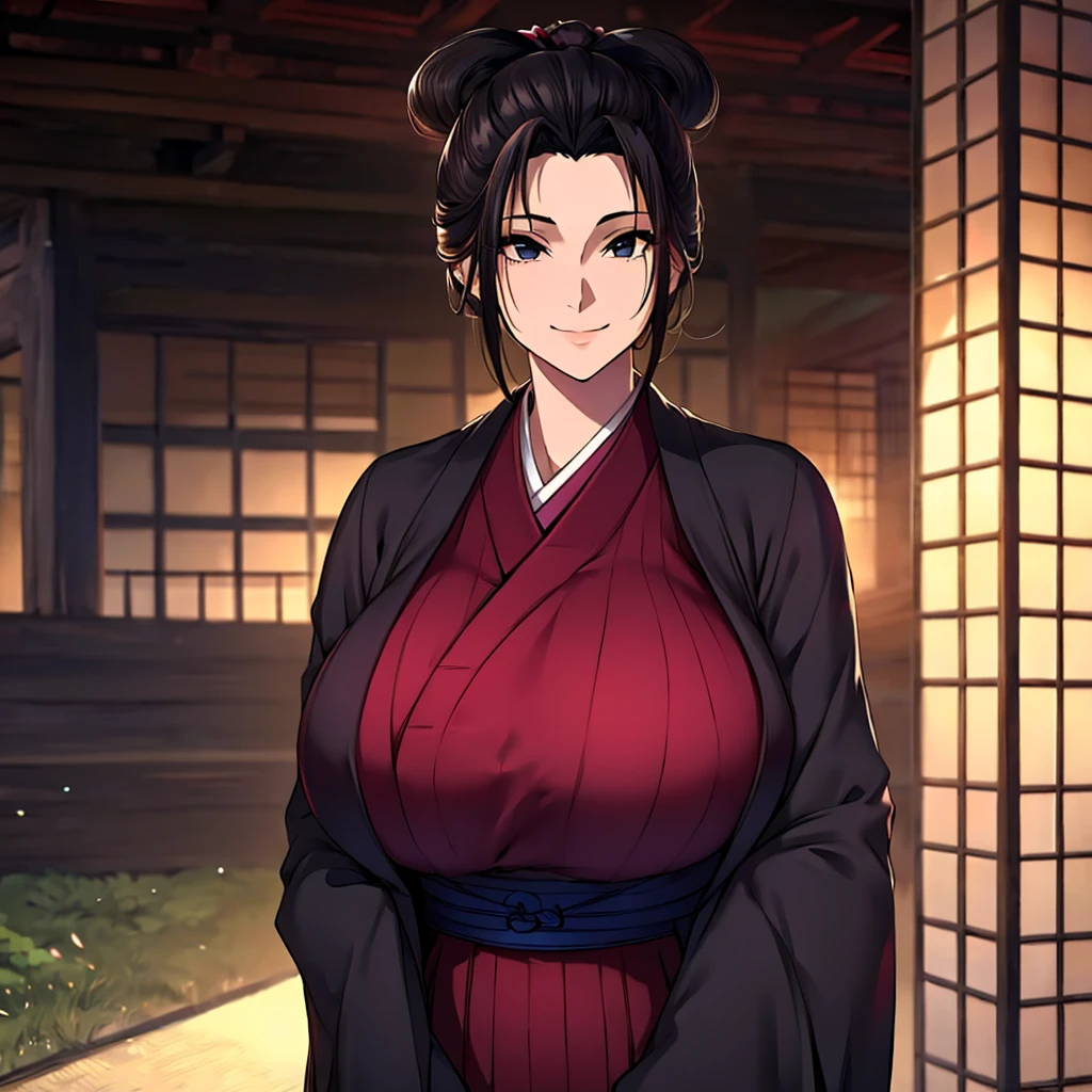 A woman wearing a black kimono with burgundy details, straight black hair, tied up hair, perfect face, perfect eyes, perfect hair, smiling, big breasts, black eyes, outside a Japanese castle, large Japanese castle, Japanese aesthetics, posture standing, daytime place.UHD , prime work , accurate , anatomically correct , textured skin , super details , high quality , best quality, 8k, high resolution, bokeh effect. (woman solo), close view
