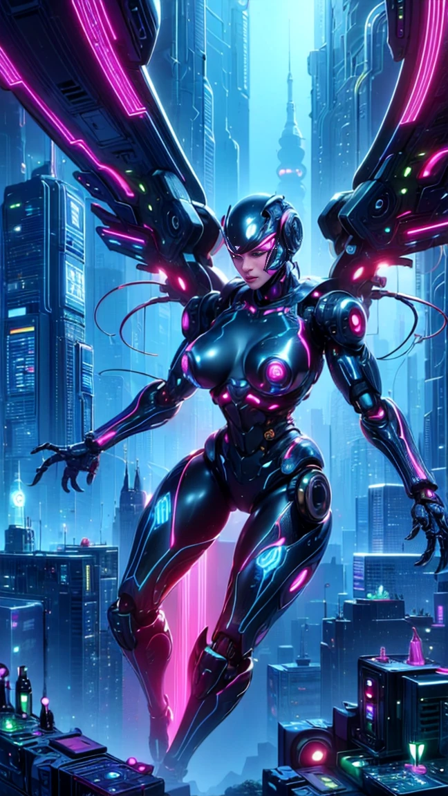 top quality, future world, State-of-the-art robot, flying puppy, Transformed into a cyborg except for the face, Transformed into a cyborg except for the shoulder, sexy images, whole body photo, (((huge puppy)))