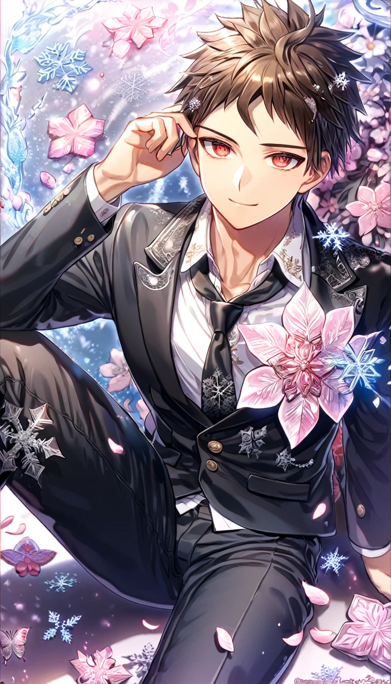 Ultra detailed, HDR, Highres, absurdres, master piece, Hinata Hajime, brown hair, expressive red eyes, black jacket, white shirt, black necktie, Danganronpa, handsome, ice glittering butterflies, ice, petals, ice pink glass flowers, glittering, fantasy, magical, snowflakes, cold, solo, sexy man sitting, handsome smile, black pants