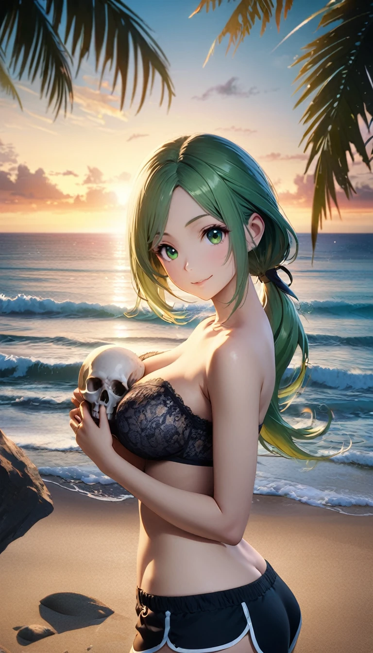 HDR, lifelike 8k CG, keyvisual, anime colored, kind and cute girl, clear face, green hair, parted bangs, short low ponytail, green eyes, big breasts, BREAK, standing, smile, hugging a skull, gently cup the skull jaw with hands, looking at viewer, lamé slingshot swimsuit, beach,