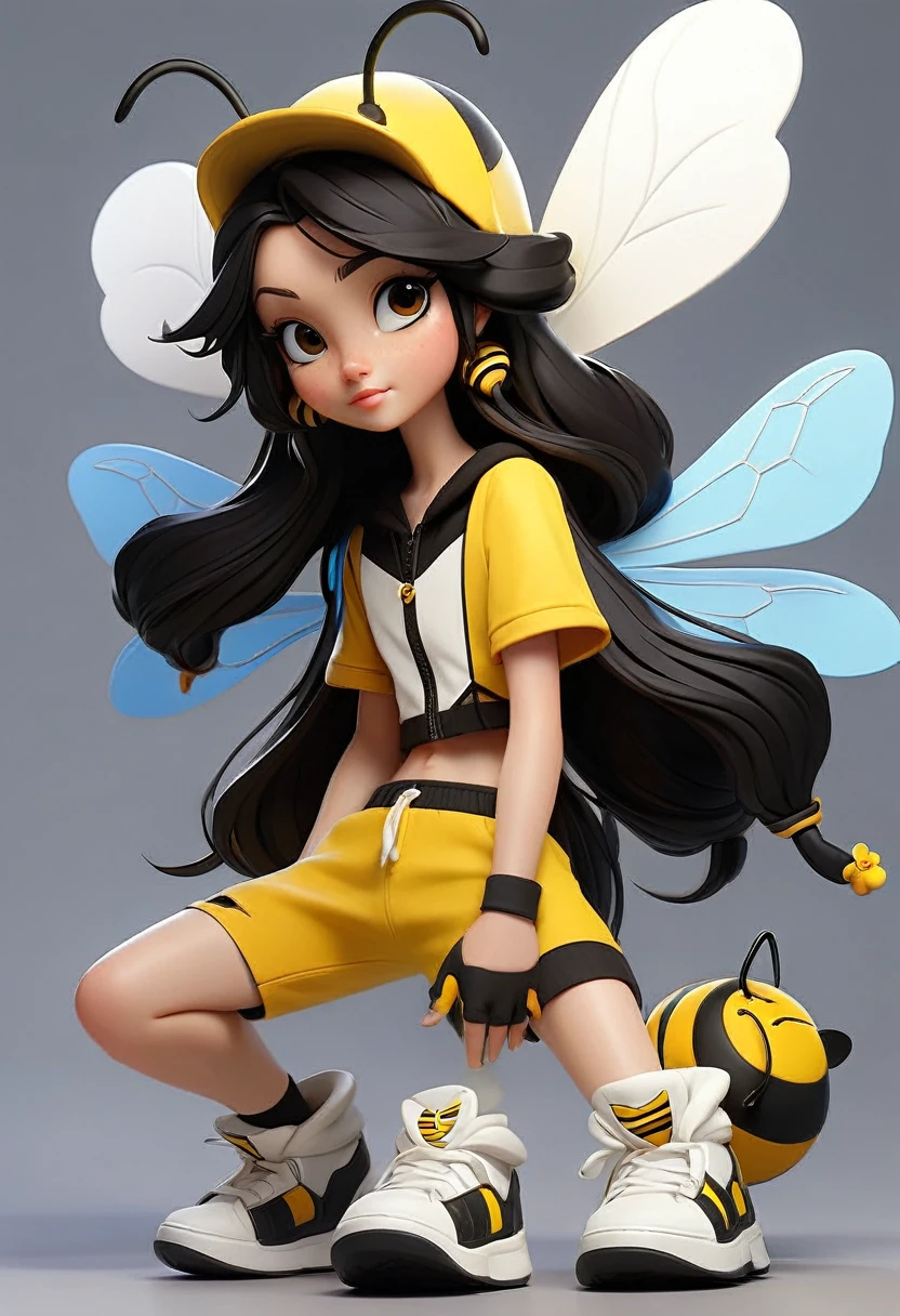 A character with the characteristics: long black hair white skin happy face a yellow and black white outfit with black and yellow shorts and black sneakers with a bee hat with blue wings with the character flying