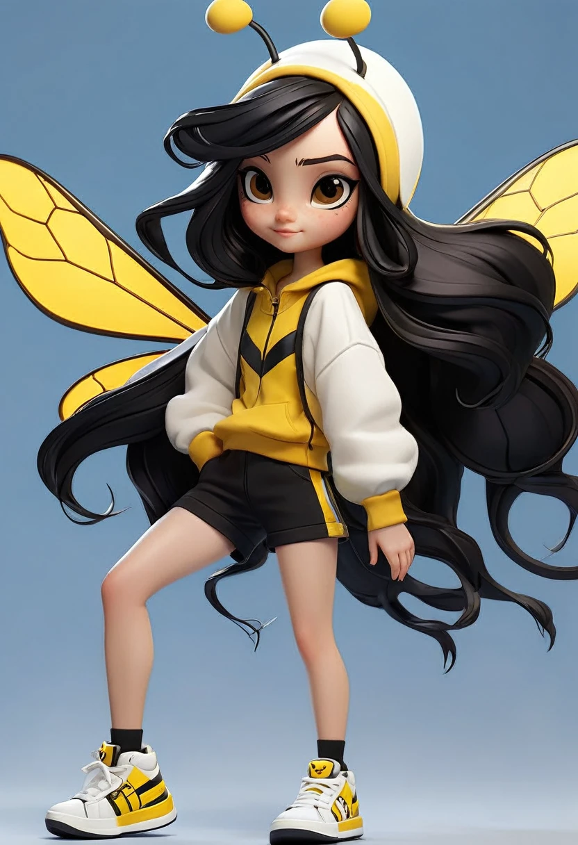 A character with the characteristics: long black hair white skin happy face a yellow and black white outfit with black and yellow shorts and black sneakers with a bee hat with blue wings with the character flying
