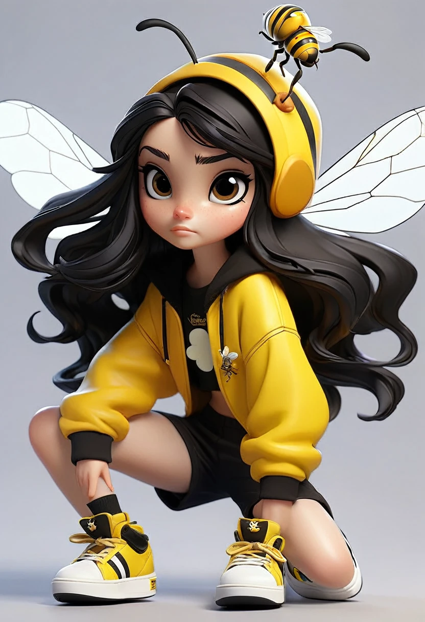 A character with the characteristics: long black hair white skin happy face a yellow and black white outfit with black and yellow shorts and black sneakers with a bee hat with blue wings with the character flying
