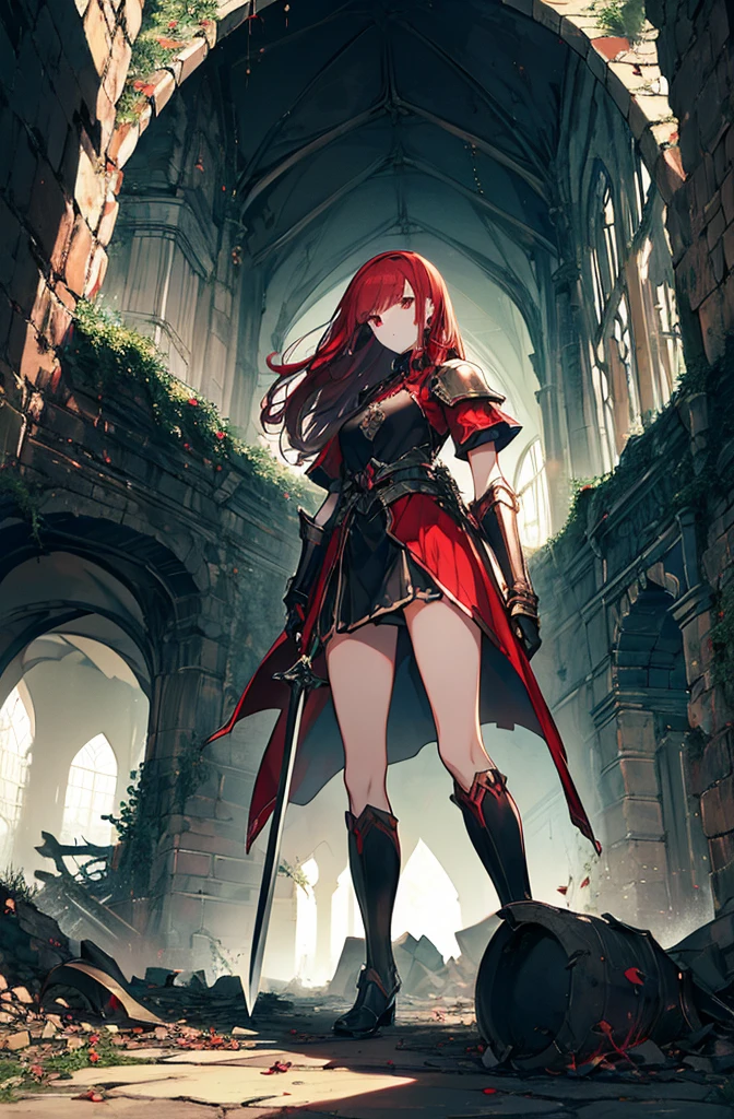 4k,hight resolution,One Woman,Bright red hair,Longhaire,red eyes,knights,white sacred armor,jewel decorations,Big sword,medieval town,furious,((dark cave,ruin place)),