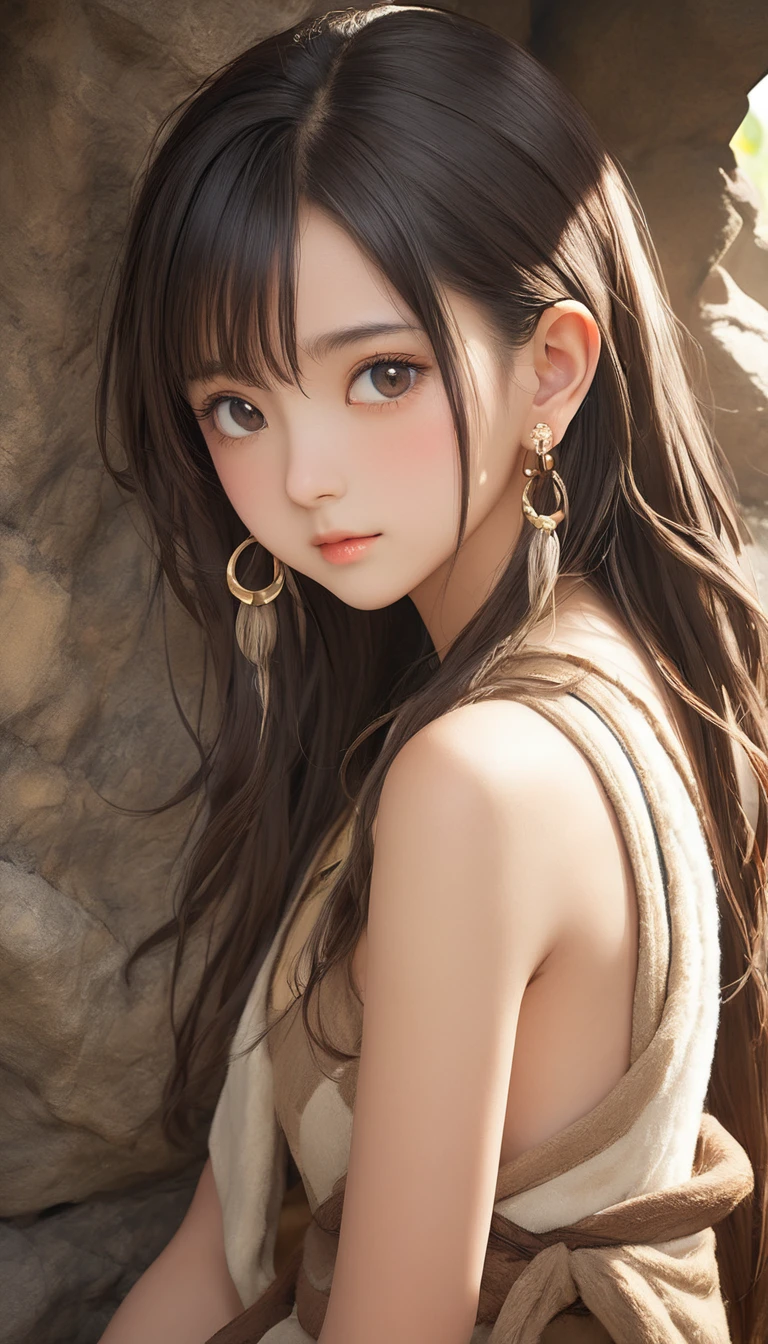 (masterpiece, Highest quality:1.2), One girl, alone,bony body、15 years old、Earrings、Stone Age
