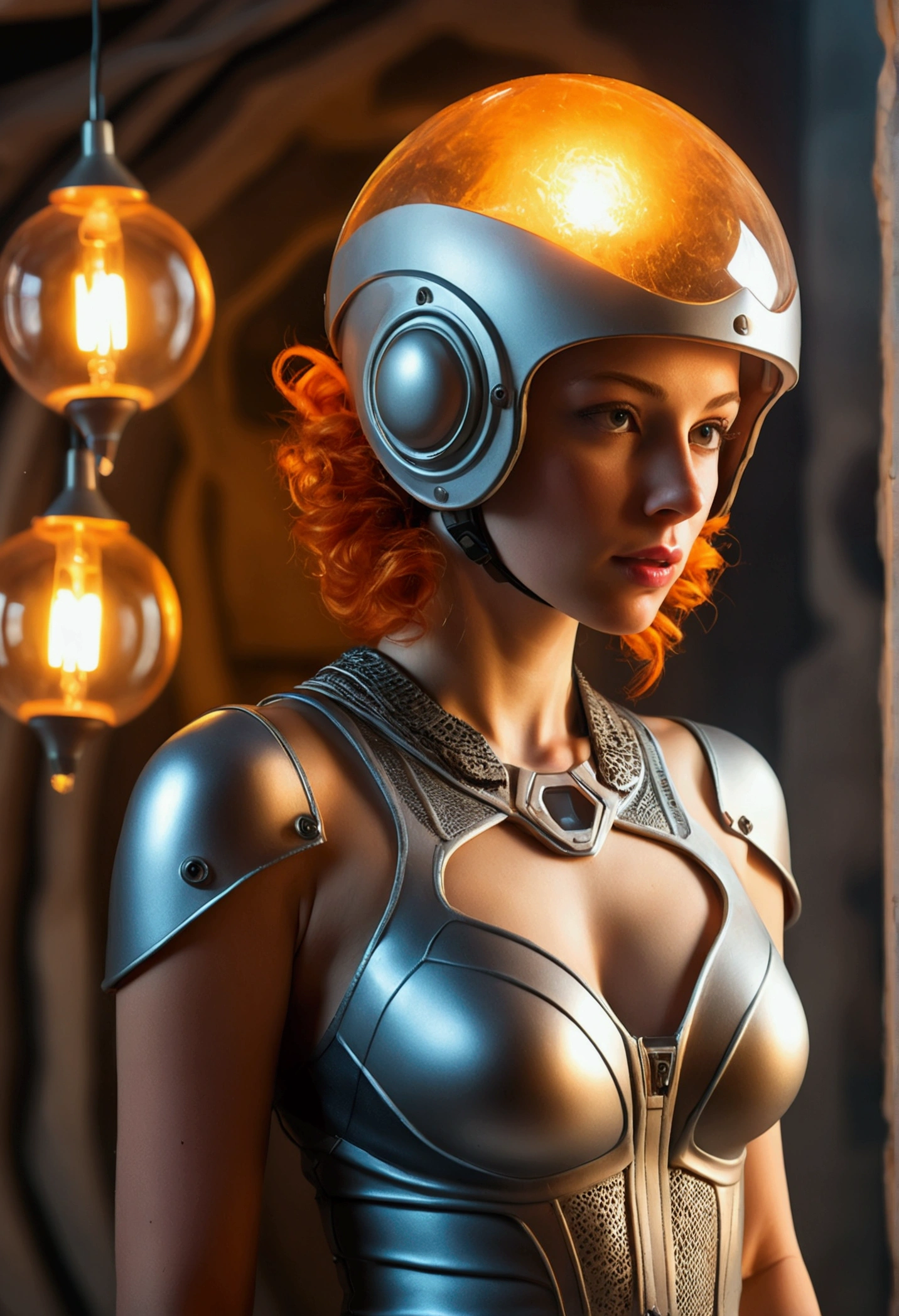 (best quality,4K,8k,highres,master part:1.2),ultra detali,(Realistic,photorrealistic,photo-realistic:1.37),young  woman, (fully body:1.2), tall woman, Thin woman, orange mohawk hair, beautiful detailed eyes, beautiful detailed lips, elegant futuristic dress, (((glass lamp helmet))), pose sexy,(Ancient Alien Ruins, Decaying Alien Ruins), unknown planet, retro-futuristic style, swirly vibrant colors, soft lighting, mysterious atmosphere