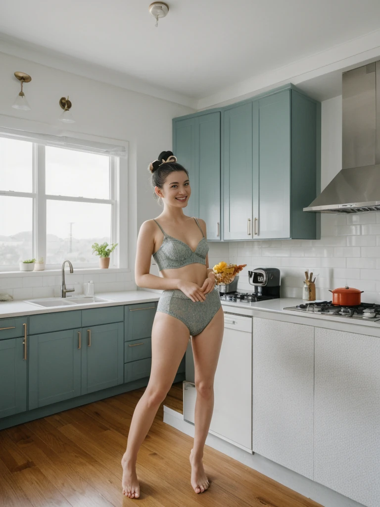 her name is Amelie, high quality, 1girl, ((25-year-old fit Caucasian woman)), ((25 years old)), ((BODY TYPE: HOURGLASS)), ((Space Buns HAIR)), SMILING, pose: SEXY POSE, wearing SEXY LINGERIE VARIETY colored, BACKGROUND:"An elegant apartment with a mix of vintage and modern decor, large windows with lake views, and a stylish, well-equipped kitchen."