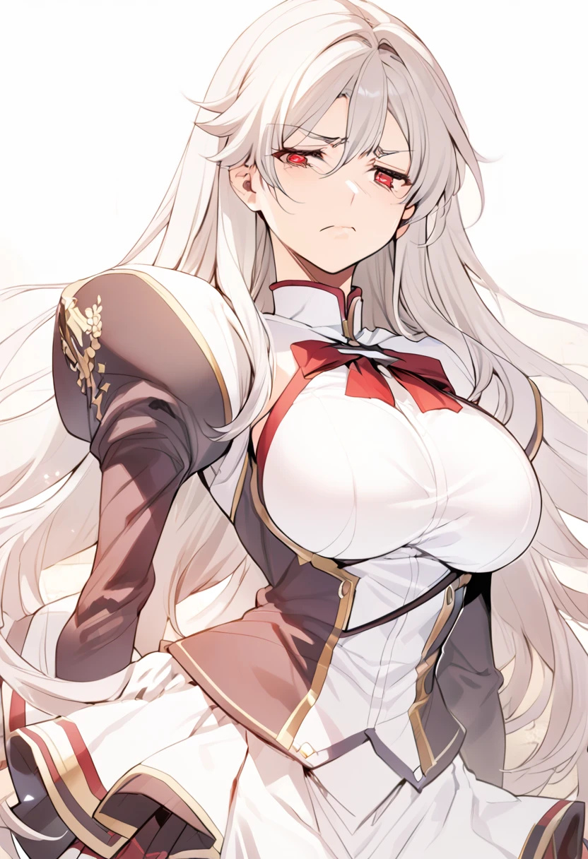 ANIME , high detailed
1 chunky girl, very long hair, Ivory colored hair, crimson eyes, sad expression, busty, round buson, gorgeous chunky body,red Genetics's uniform, Juliet sleeves, skirt