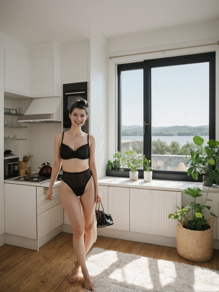 her name is Amelie, high quality, 1girl, ((25-year-old fit Caucasian woman)), ((25 years old)), ((BODY TYPE: HOURGLASS)), ((Space Buns HAIR)), SMILING, pose: SEXY POSE, wearing SEXY LINGERIE VARIETY colored, BACKGROUND:"An elegant apartment with a mix of vintage and modern decor, large windows with lake views, and a stylish, well-equipped kitchen."