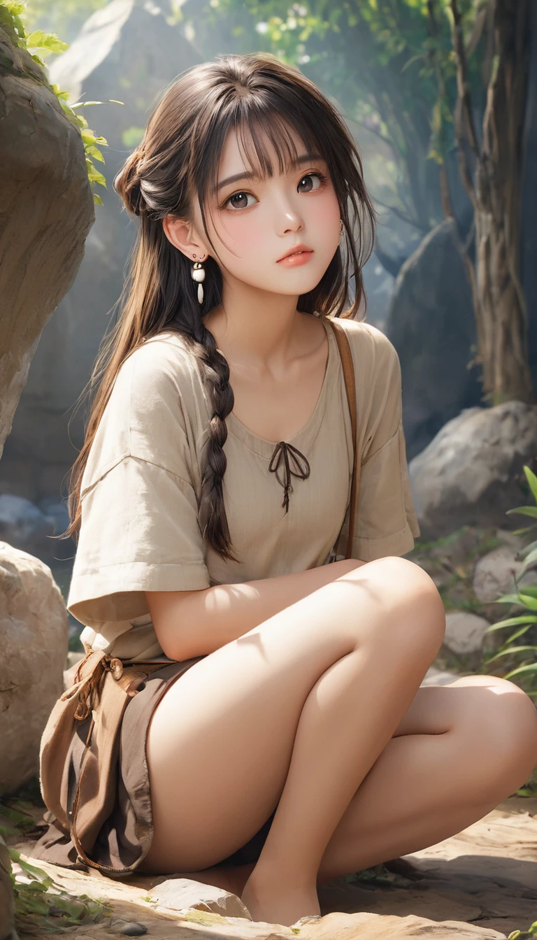 (masterpiece, Highest quality:1.2), One girl, alone,bony body、15 years old、Earrings、Stone Age