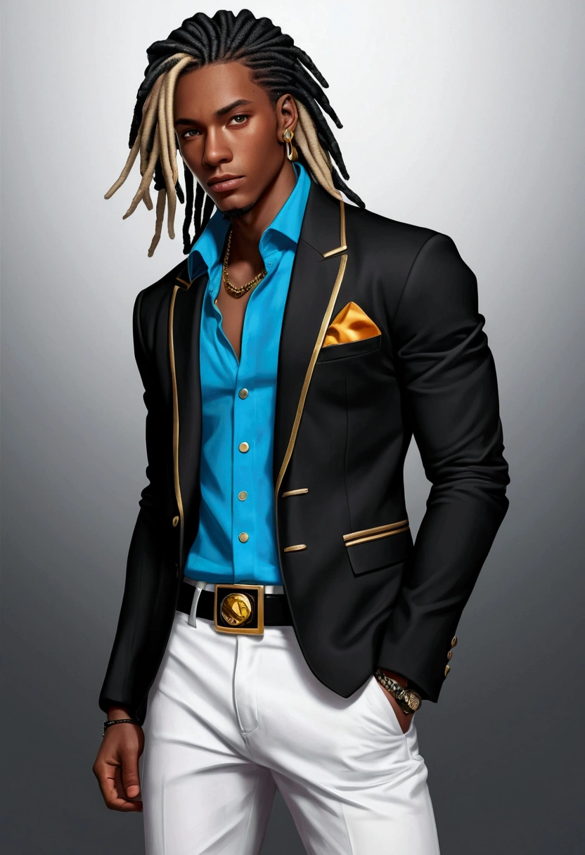 Dark-skinned young man, blue eyes and black jacket, Dreadlocks azul claro, estilo de cabelo dreadlock, not anime style, colourful drawing, unrealistic character concept, Portrait of my character concept, detailed portrait of the character, anime style character, anime style portrait, a character portrait, cel - shaded art style, His outfit consists of a black, unbuttoned blazer with gold buttons on the front of the blazer and at the bottom of the sleeves and he wears a white V-neck shirt, White pants, a large black belt with a gold buckle, a smaller black belt hanging from the side of the hip, and is wearing beige shoes with black buckles, inspirado por King of Fighters