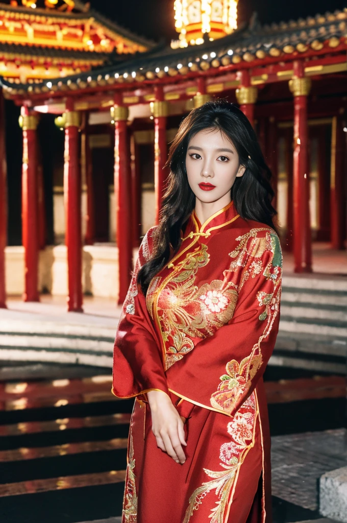 1 female，45 years old，Center， She has long black hair，Red lips，Perfect thighs，looking at camera，stand up，night，Ancient temple，From the front， curls， Gloomy sky，（（（masterpiece），（Highly detailed CG Unity 8k wallpaper），best quality，Movie Lighting，Detailed background，Beautiful right eye pupil，（Very delicate and beautiful），（Beautiful and detailed description of the eyes），Extremely detailed，masterpiece，）），high resolution，Extremely detailed），queen of china（apparel：，Gold wire embroidery，Red cheongsam，Lace，Red cape），
