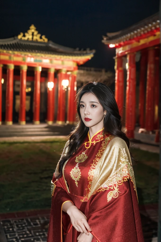 1 female,45 years old,Center, She has long black hair,Red lips,Perfect thighs,looking at camera,stand up,night,Ancient temple,From the front, curls, Gloomy sky,(((masterpiece),(Highly detailed CG Unity 8k wallpaper),best quality,Movie Lighting,Detailed background,Beautiful right eye pupil,(Very delicate and beautiful),(Beautiful and detailed description of the eyes),Extremely detailed,masterpiece,)),high resolution,Extremely detailed),queen of china(apparel:,Gold wire embroidery,Red cheongsam,Lace,Red cape),