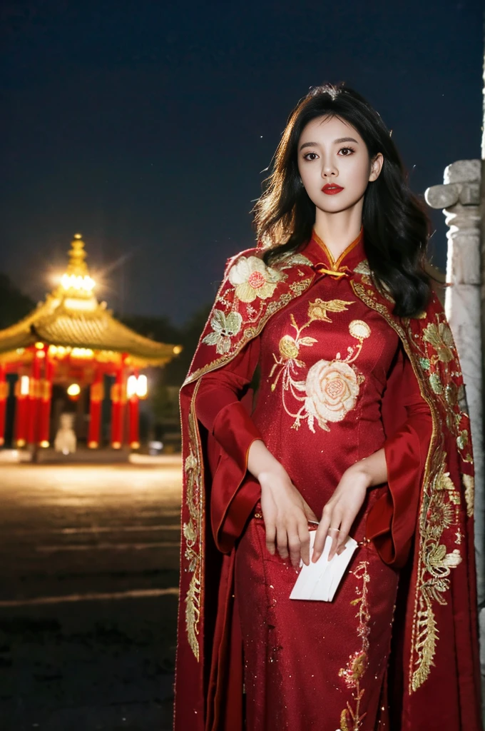 1 female,45 years old,Center, She has long black hair,Red lips,Perfect thighs,looking at camera,stand up,night,Ancient temple,From the front, curls, Gloomy sky,(((masterpiece),(Highly detailed CG Unity 8k wallpaper),best quality,Movie Lighting,Detailed background,Beautiful right eye pupil,(Very delicate and beautiful),(Beautiful and detailed description of the eyes),Extremely detailed,masterpiece,)),high resolution,Extremely detailed),queen of china(apparel:,Gold wire embroidery,Red cheongsam,Lace,Red cape),