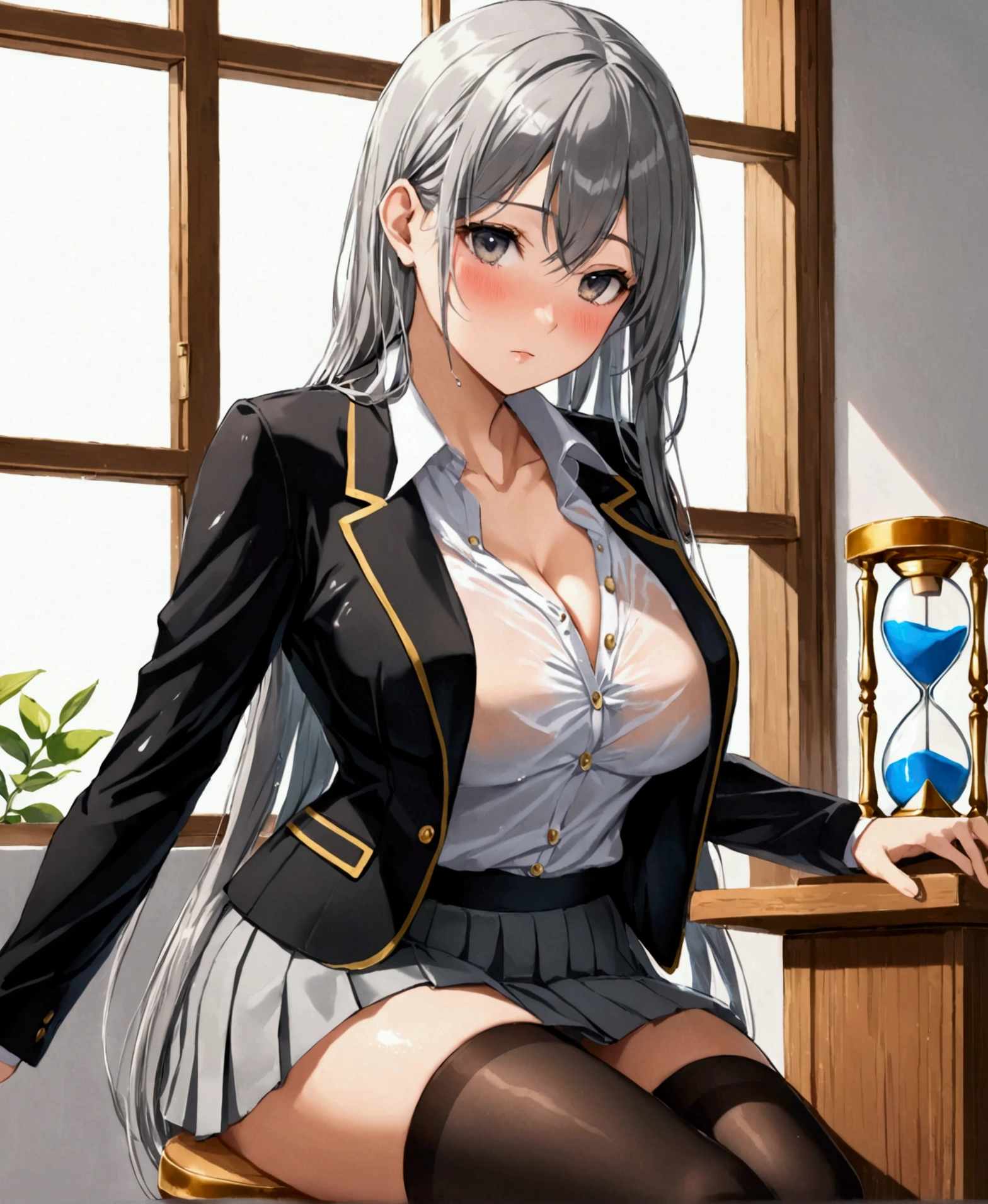 /(Front focus), /(Front view,), /(Focus on girl,), A beautiful girl, high school student, sitting on a chair, crossing legs, beside the window, lifting her skirt with lust using one hand while looking at the viewer in a flirtatious and horny way, touching her crotch over her skirt, caressing her legs with one hand, closing her eyes, moaning, leaning against the back of the chair, breathing heavily, blushing, blouse, traslucent blouse, wet blouse, blouse completely open and unbuttoned, bra visible under blouse, sweat and wet body, /(extremely long straight hair, almond-shaped eyes, hourglass-shaped athletic body, Big chest, medium hip, medium waist, shapely legs, perfect fingers, Greek nose, perfect hands, triangular face,), /(uniform: white V-neck blouse long sleeves, gray pleated mini skirt, black satin blazer with gold buttons, black pantyhose,),