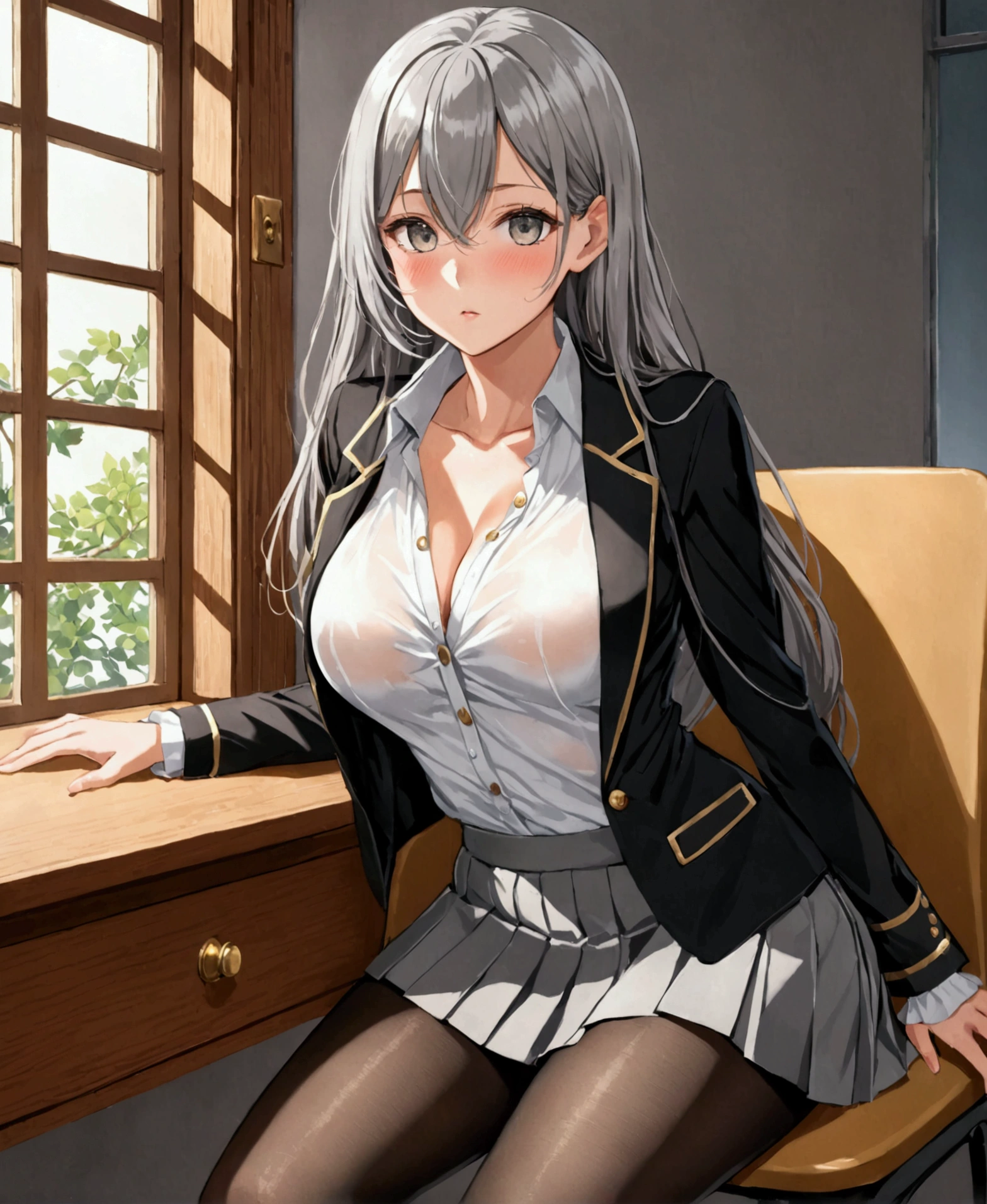 /(Front focus), /(Front view,), /(Focus on girl,), A beautiful girl, high school student, sitting on a chair, crossing legs, beside the window, lifting her skirt with lust using one hand while looking at the viewer in a flirtatious and horny way, touching her crotch over her skirt, caressing her legs with one hand, closing her eyes, moaning, leaning against the back of the chair, breathing heavily, blushing, blouse, traslucent blouse, wet blouse, blouse completely open and unbuttoned, bra visible under blouse, sweat and wet body, /(extremely long straight hair, almond-shaped eyes, hourglass-shaped athletic body, Big chest, medium hip, medium waist, shapely legs, perfect fingers, Greek nose, perfect hands, triangular face,), /(uniform: white V-neck blouse long sleeves, gray pleated mini skirt, black satin blazer with gold buttons, black pantyhose,),